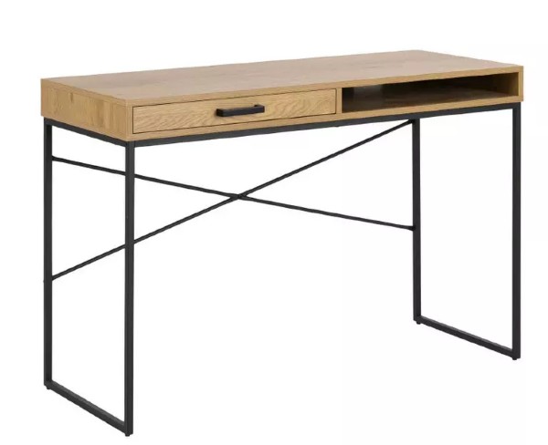 Industrieller Schreibtisch mit Platte  schwarzem Gestell  Schublade links und offenem Fach rechts