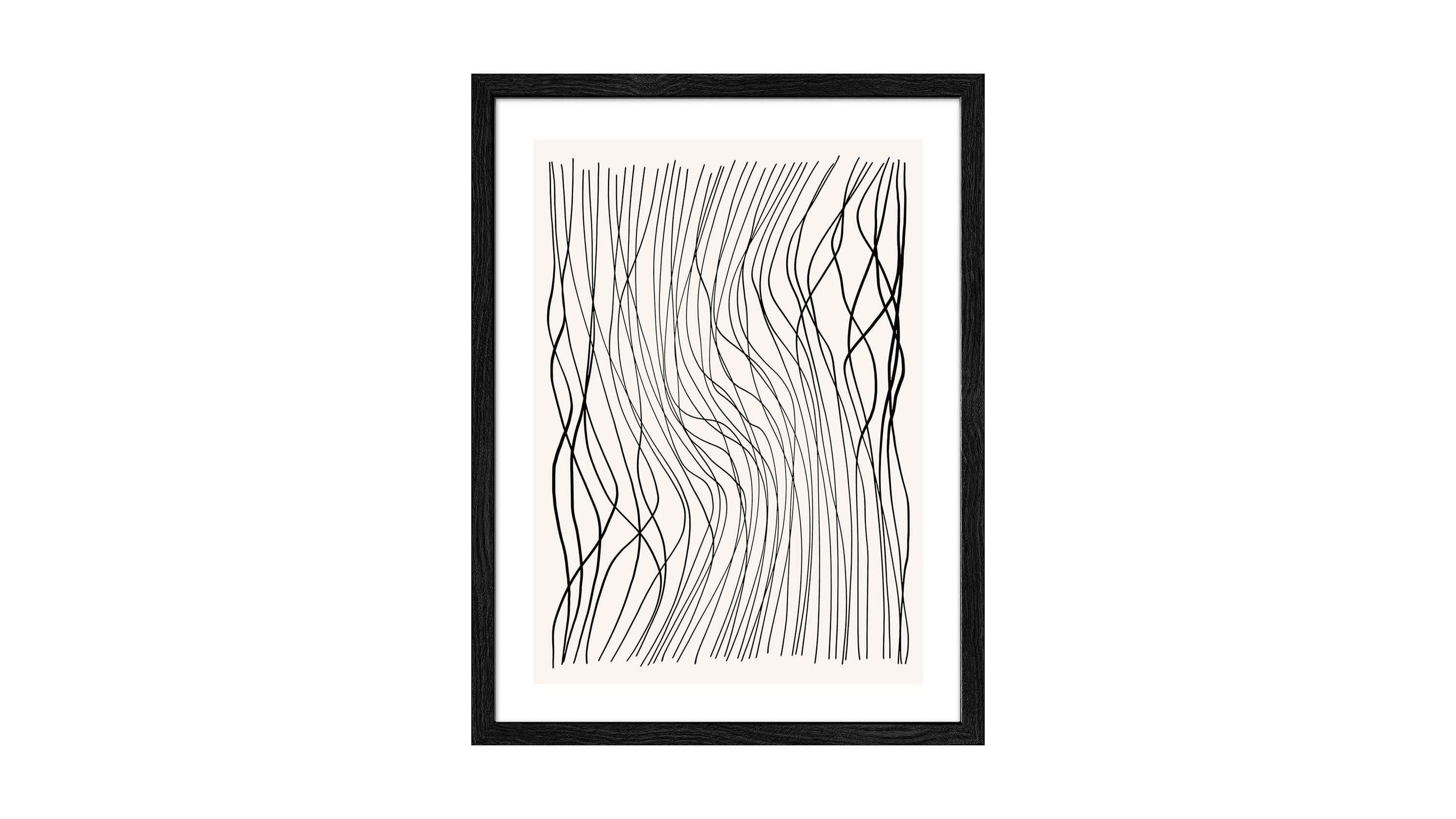 Kunstdruck mit geschwungenen Linien in Schwarz und Weiß Schwarz-weißer Kunstdruck mit geschwungenen Linien in schwarzem Rahmen