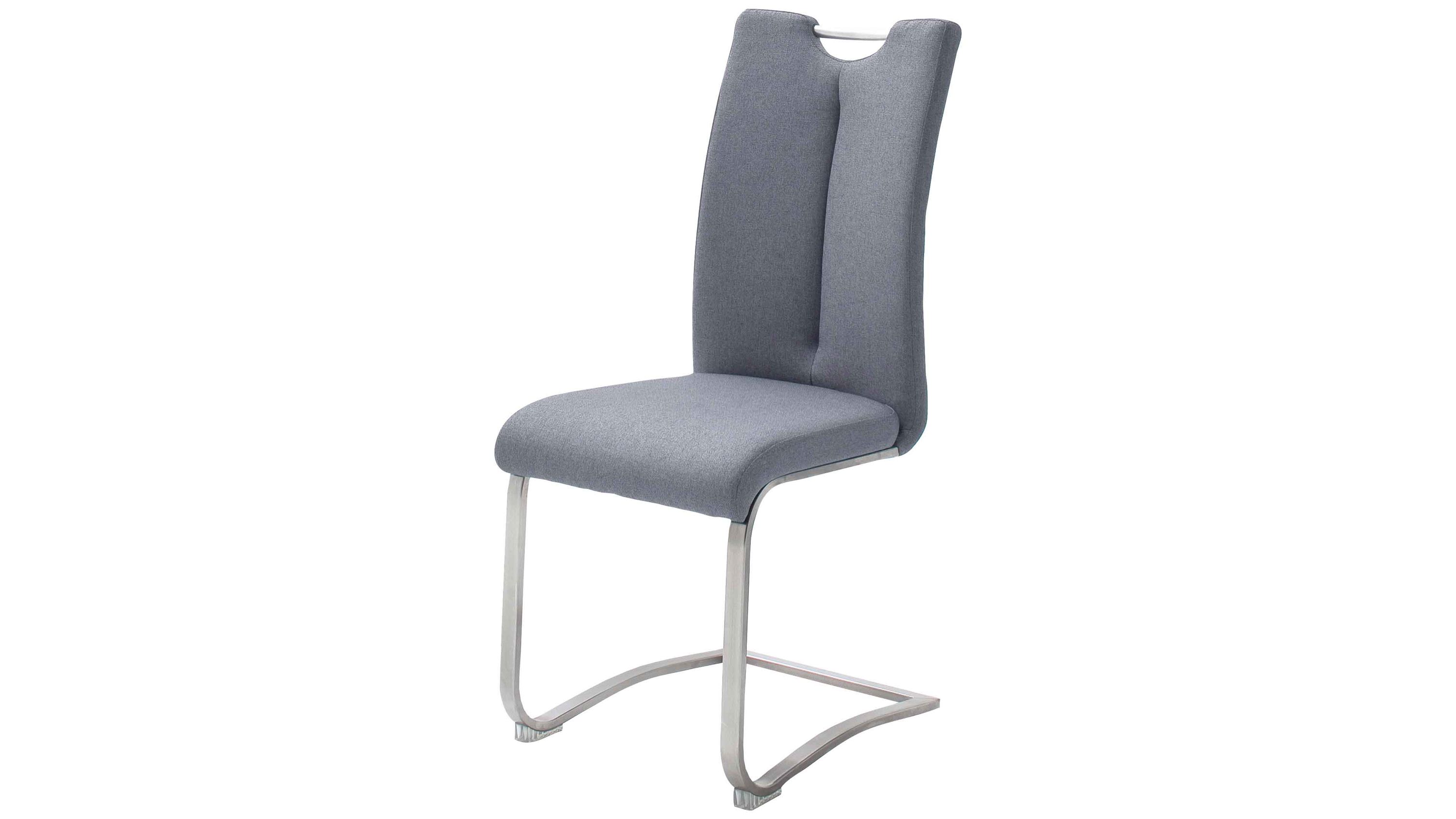 Schwingstuhl mit grauem Stoffbezug und gebogenem Metallgestell