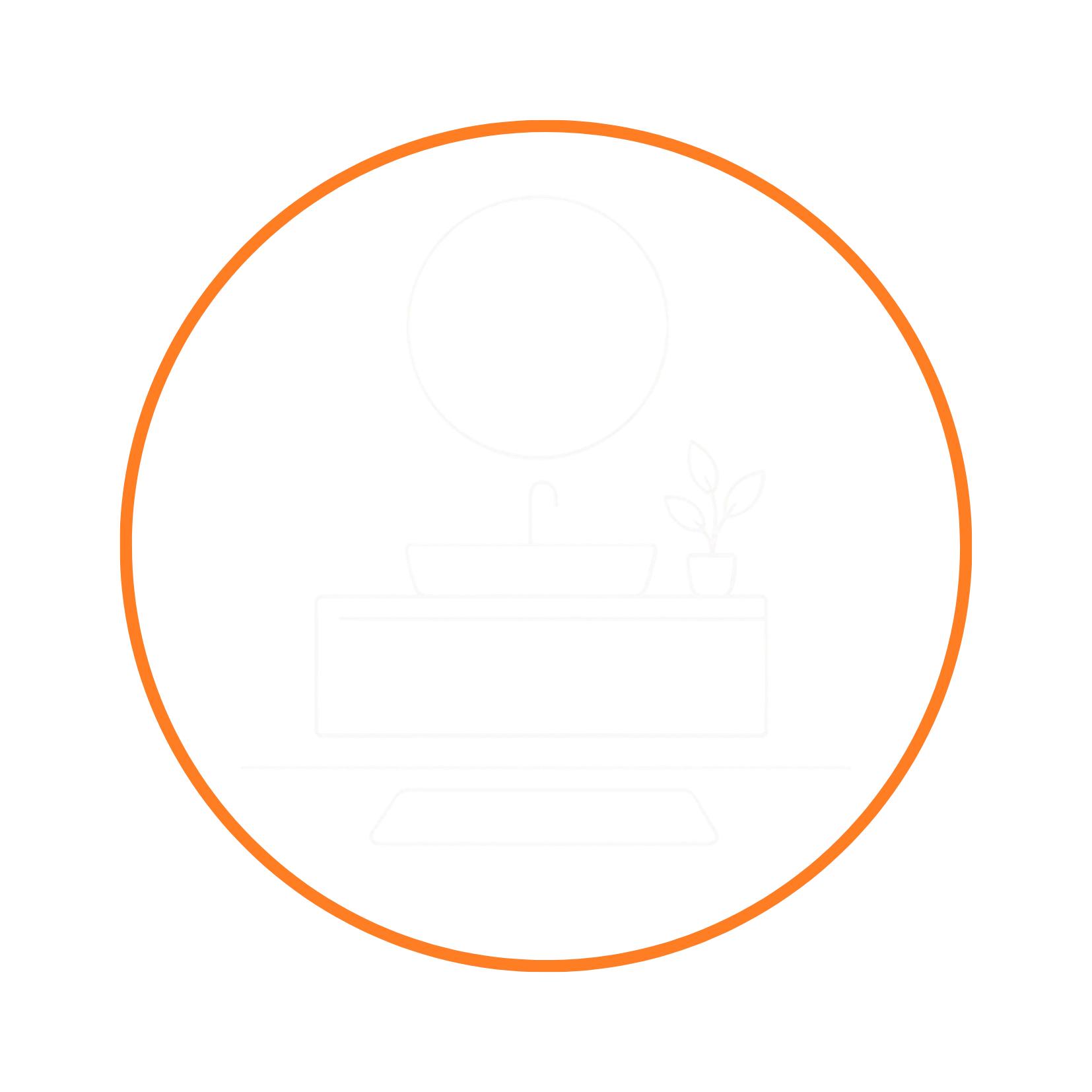Symbolgrafik eines modernen Waschtischs mit Aufsatzbecken, rundem Spiegel und Zimmerpflanze im orangefarbenen Kreis.