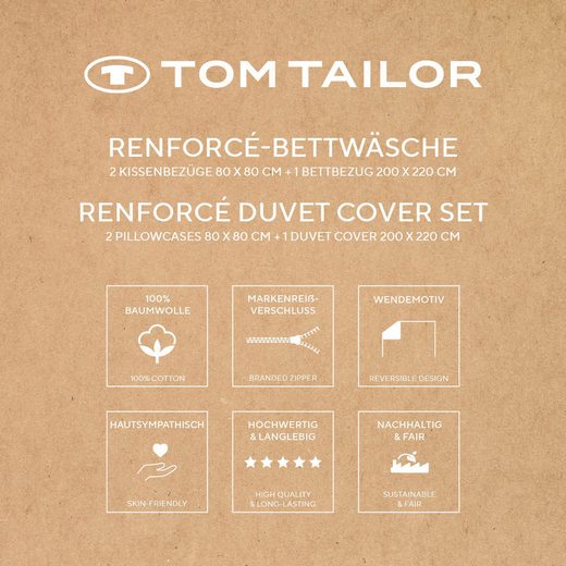 Verpackung Tom Tailor Renforce-Bettwäsche mit zweisprachiger Bezeichnung & sechs Symbolen zu Pflegehinweisen & Eigenschaften