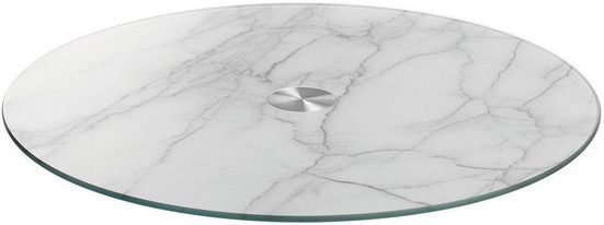 Runde Glas-Servierplatte in weißer Marmoroptik mit Stahl-Drehmechanik