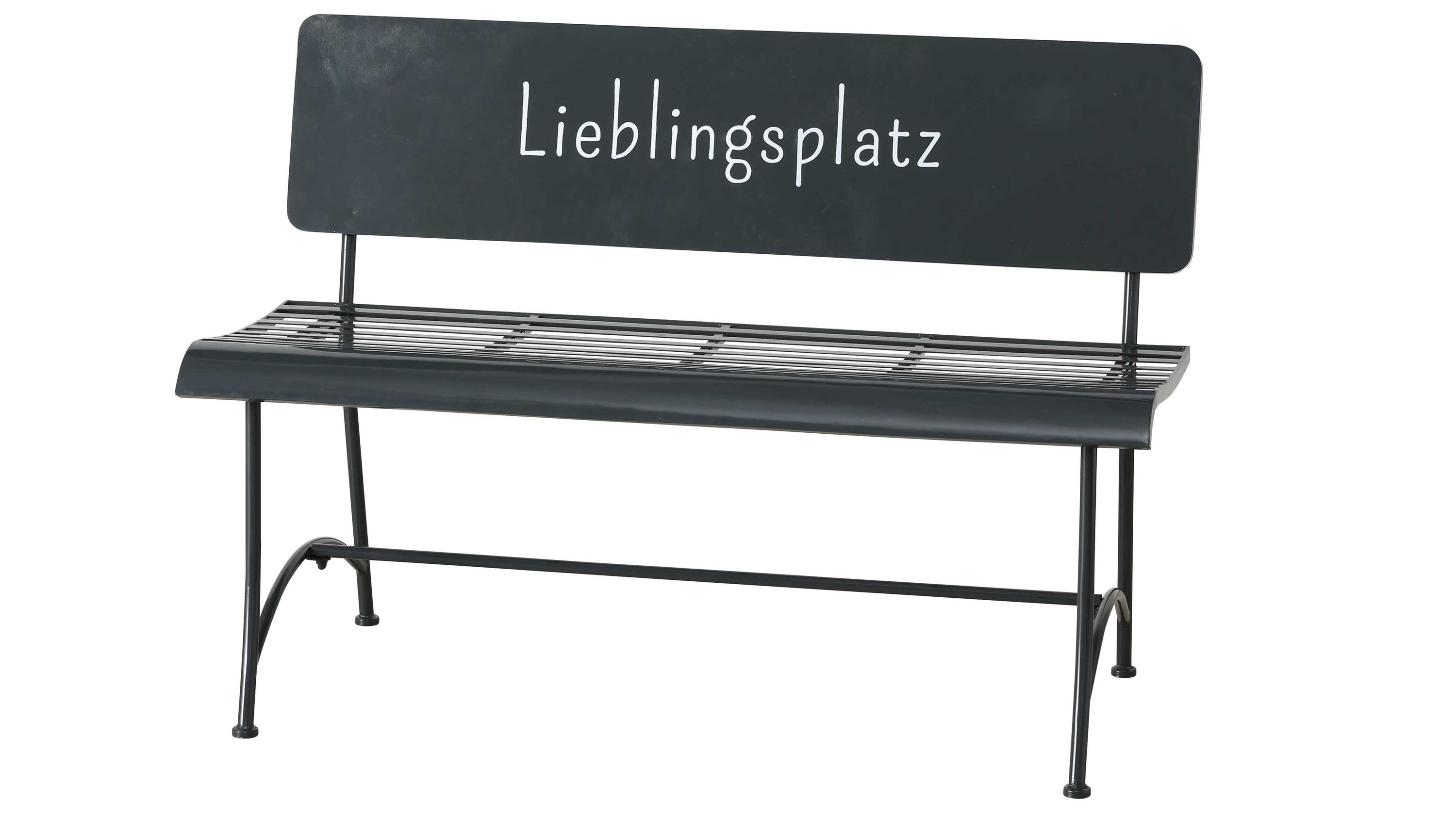 Dunkelgraue Bank aus Eisen mit Rückenlehne und Schriftzug Lieblingsplatz