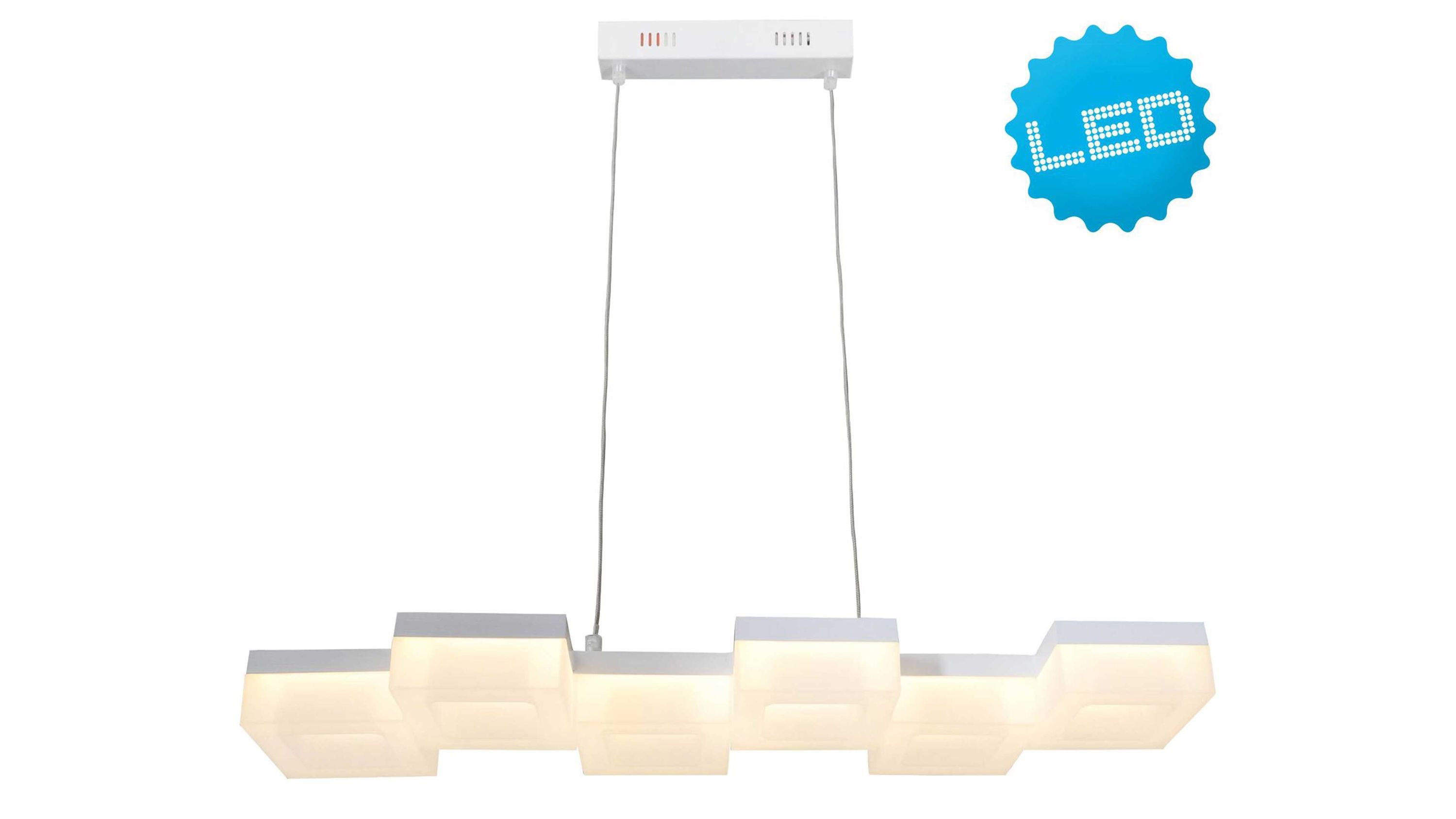 LED-Hängelampe mit quadratischen Leuchtelementen in Weiß Weiße LED-Hängelampe mit quadratischen Leuchtelementen an zwei dünnen Kabeln