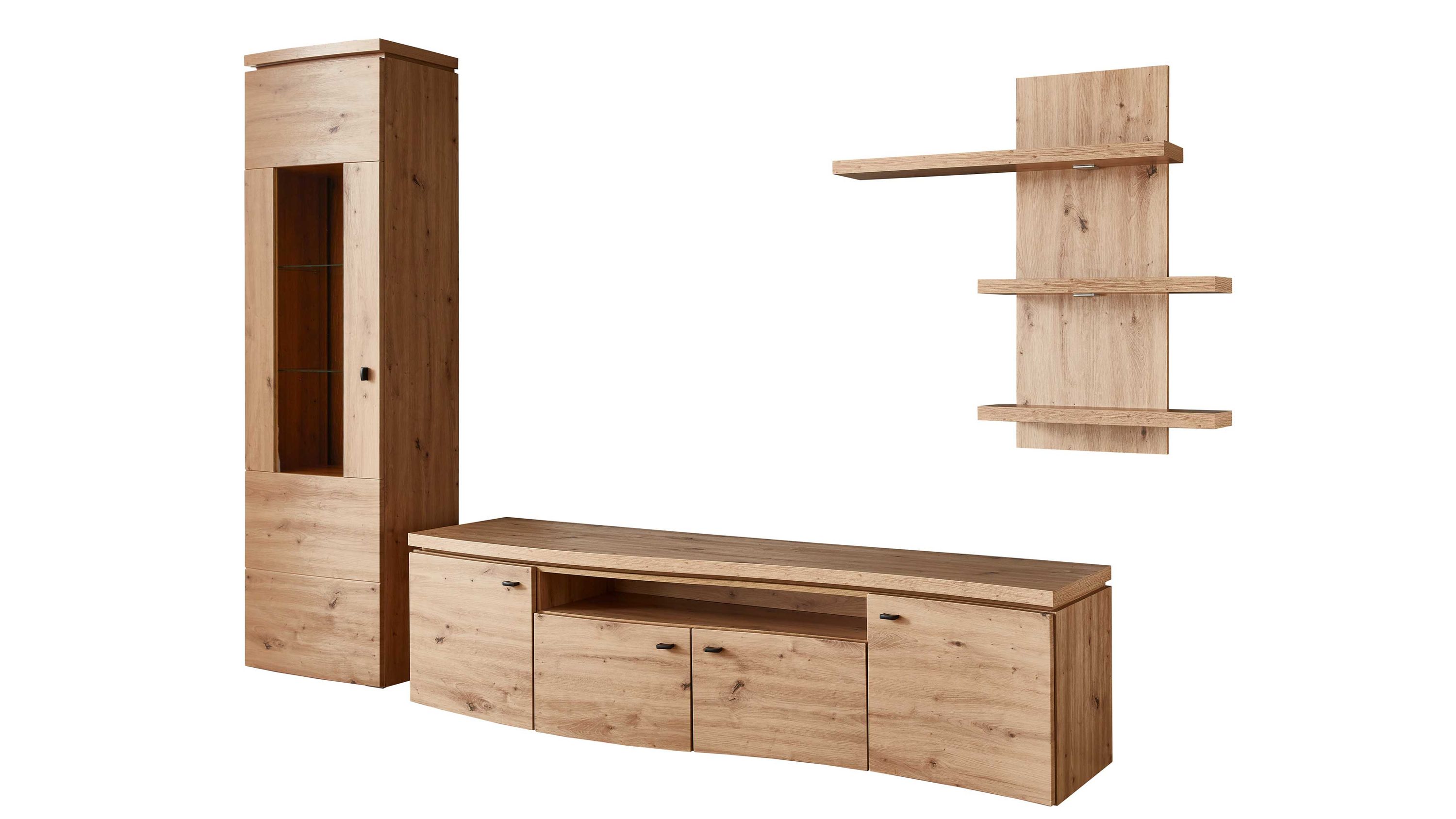 Dreiteilige Wohnwand aus hellem Holz mit Vitrine und Regalen Dreiteilige Wohnwand aus hellem Holz mit Vitrine TV-Board und Wandregal