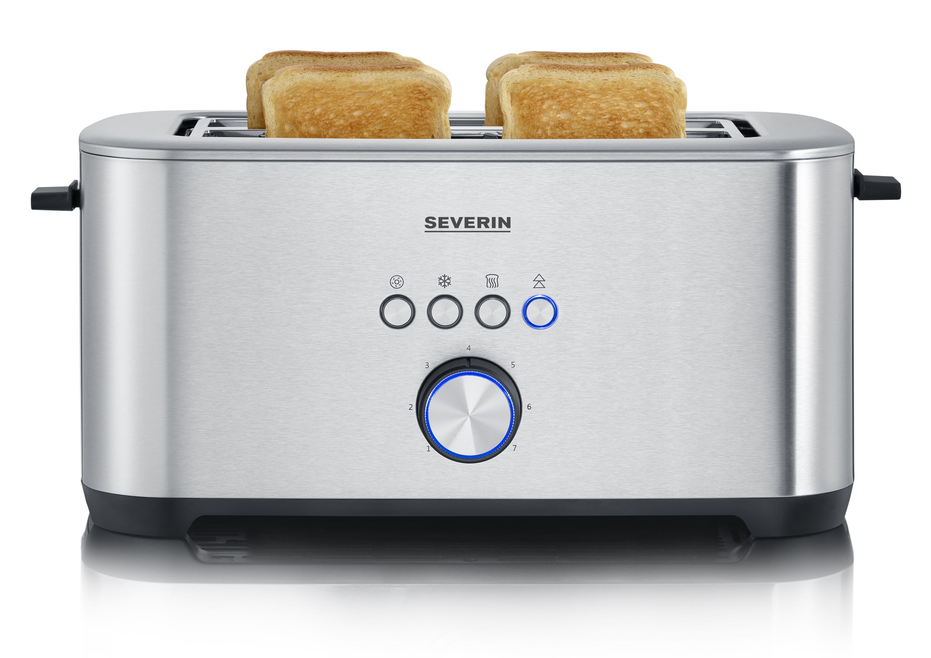 Edelstahl-Langschlitztoaster mit 2 Schlitzen 4 Tasten Drehregler 2 Brotscheiben sichtbar frontal aufgenommen