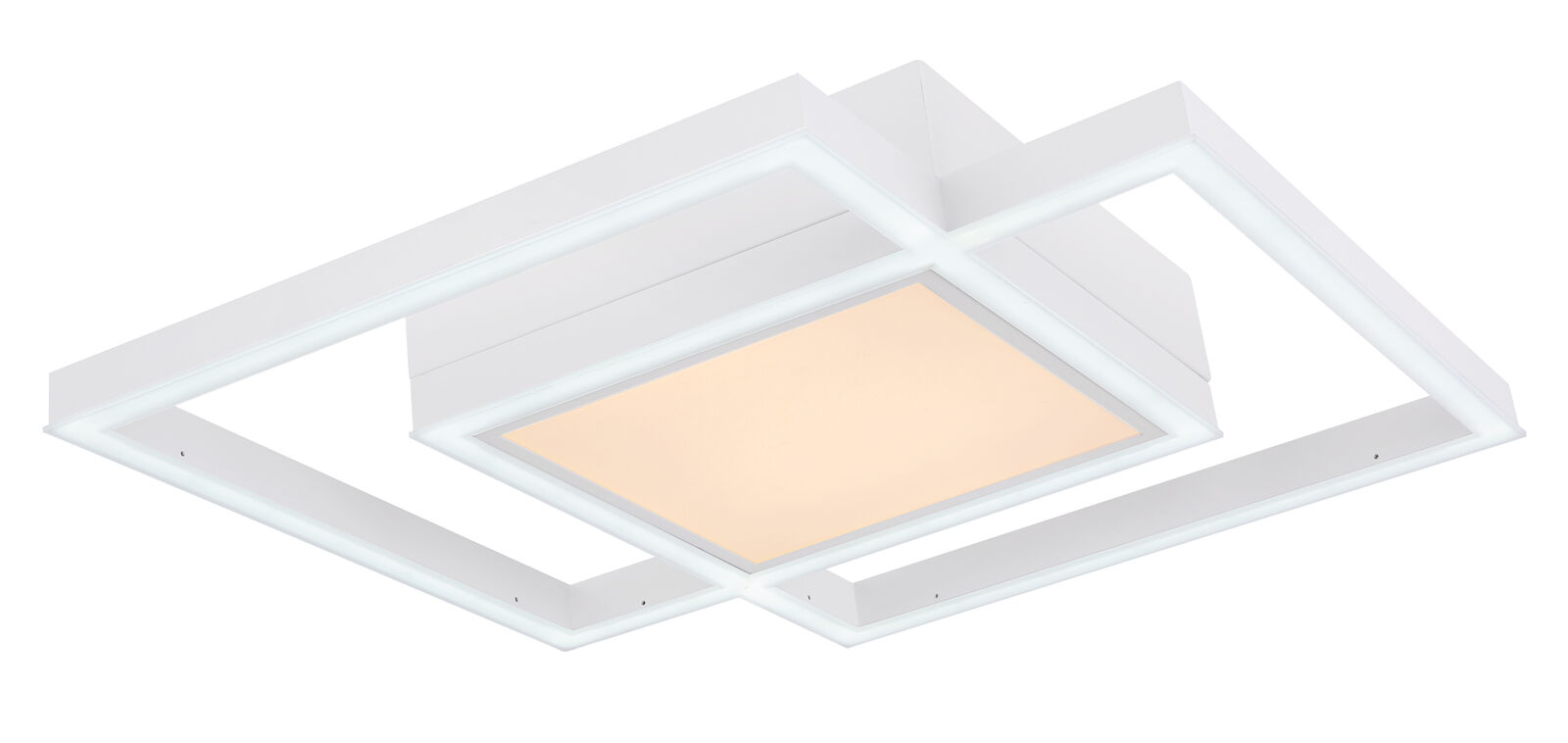 Weiße Deckenleuchte mit zentralem quadratischem LED-Panel und umlaufendem rechteckigem Rahmen