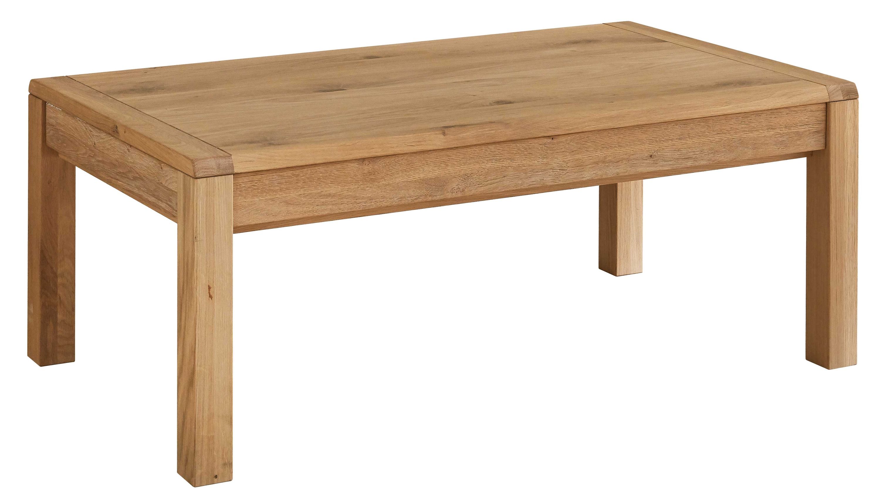 Rechteckiger Couchtisch aus hellbraunem Holz mit vier Beinen und einem Schubkasten