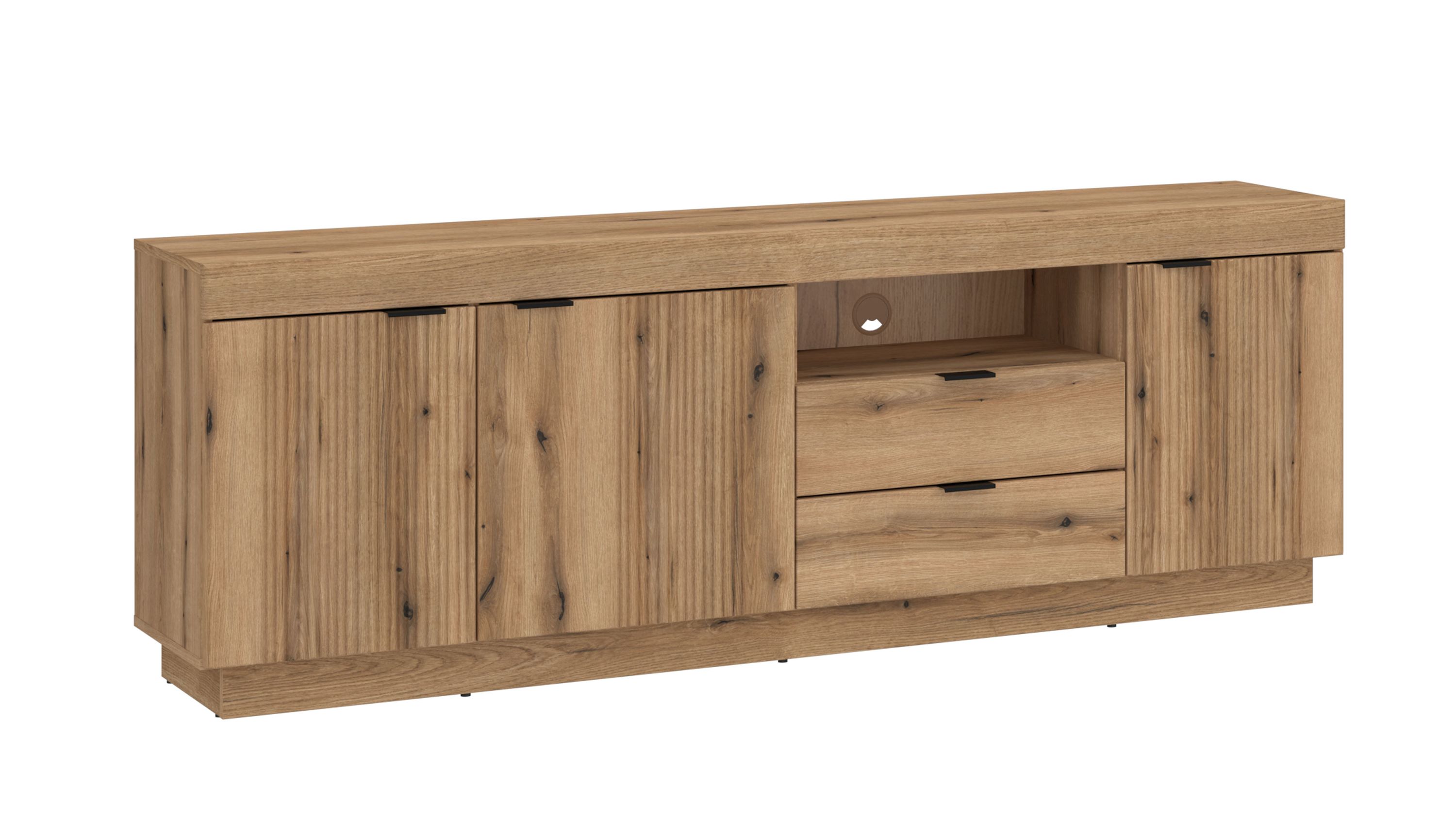 Lowboard mit Türen und Schubladen in Holzoptik Rechteckiges Lowboard mit vier Türen und zwei Schubladen in Holzoptik hellbraun