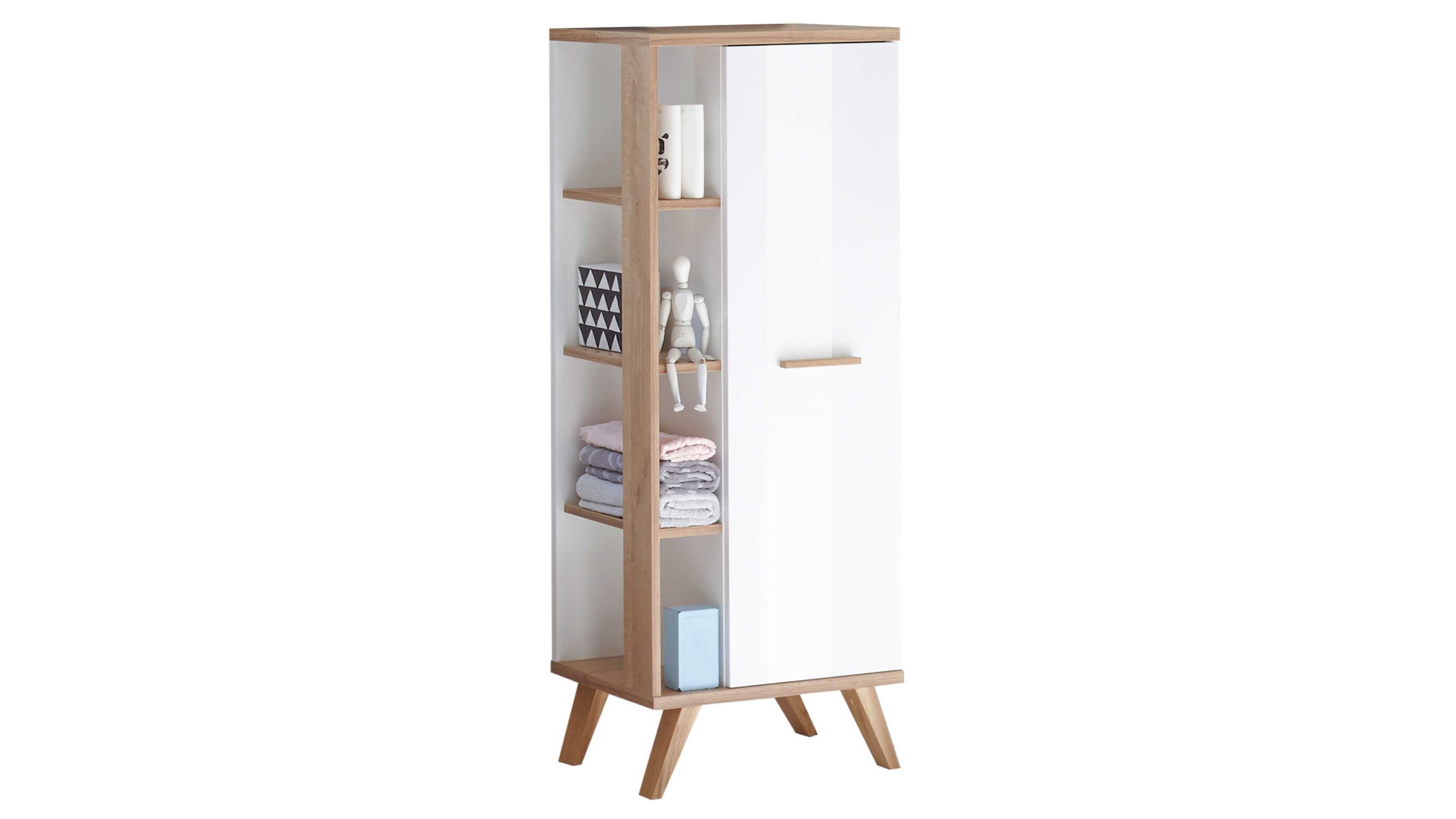 Schmaler Midischrank mit einer weißen Tür und vier offenen Regalfächern in Holzoptik