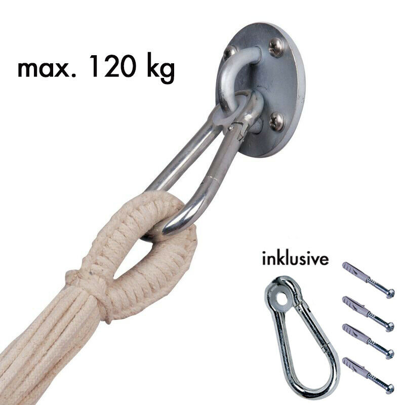 Montierter Wandhaken mit Seilschlaufe  Karabiner und Schrauben zur Hängemattenbefestigung  belastbar bis 120 kg