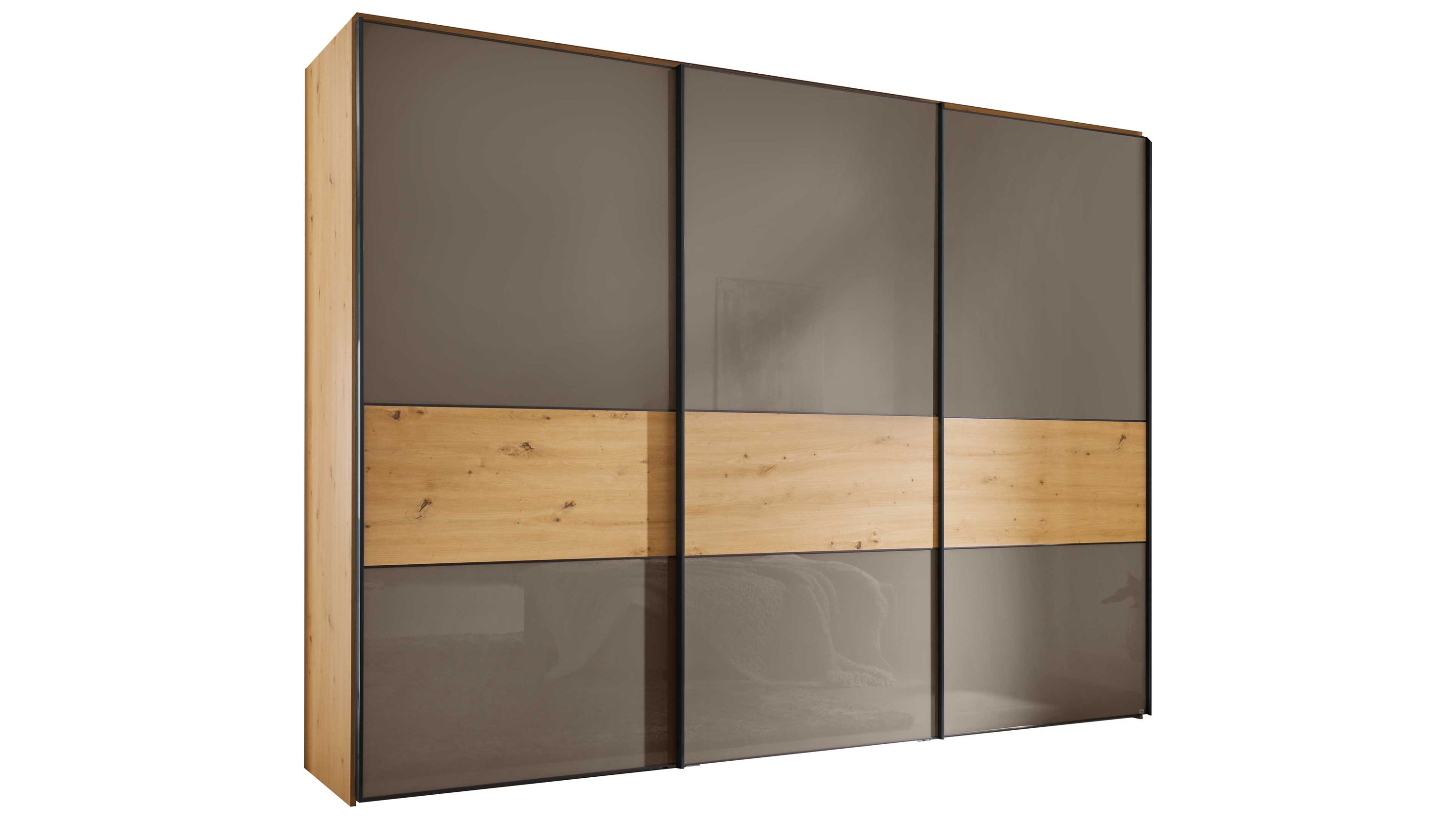 Dreiteiliger Schwebetürenschrank mit braunem Glas und mittleren Holzpaneelen in heller Eiche