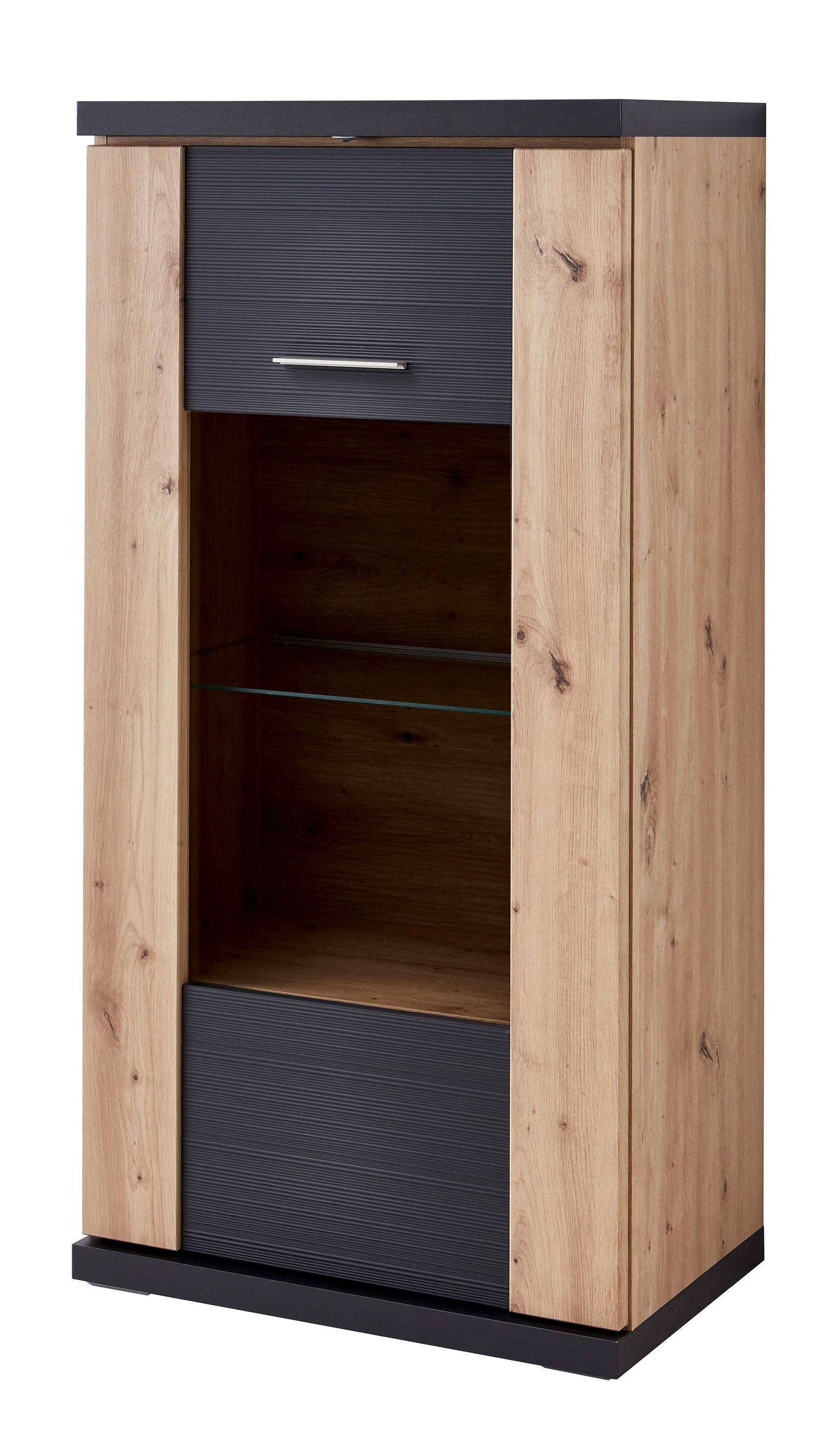 Highboard-Vitrine Manhattan Grau & Eiche Artisan  eine Tür, rechts