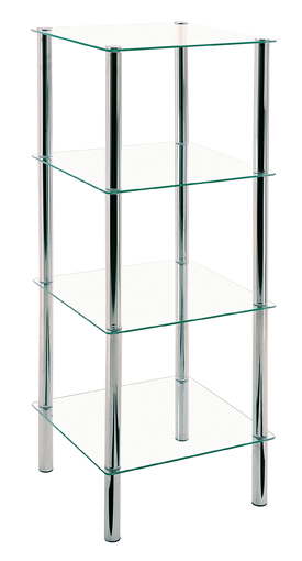 Glasboden-Regal mit vier Böden und Chrombeinen Regal mit vier klaren Glasböden und chromfarbenen Metallbeinen