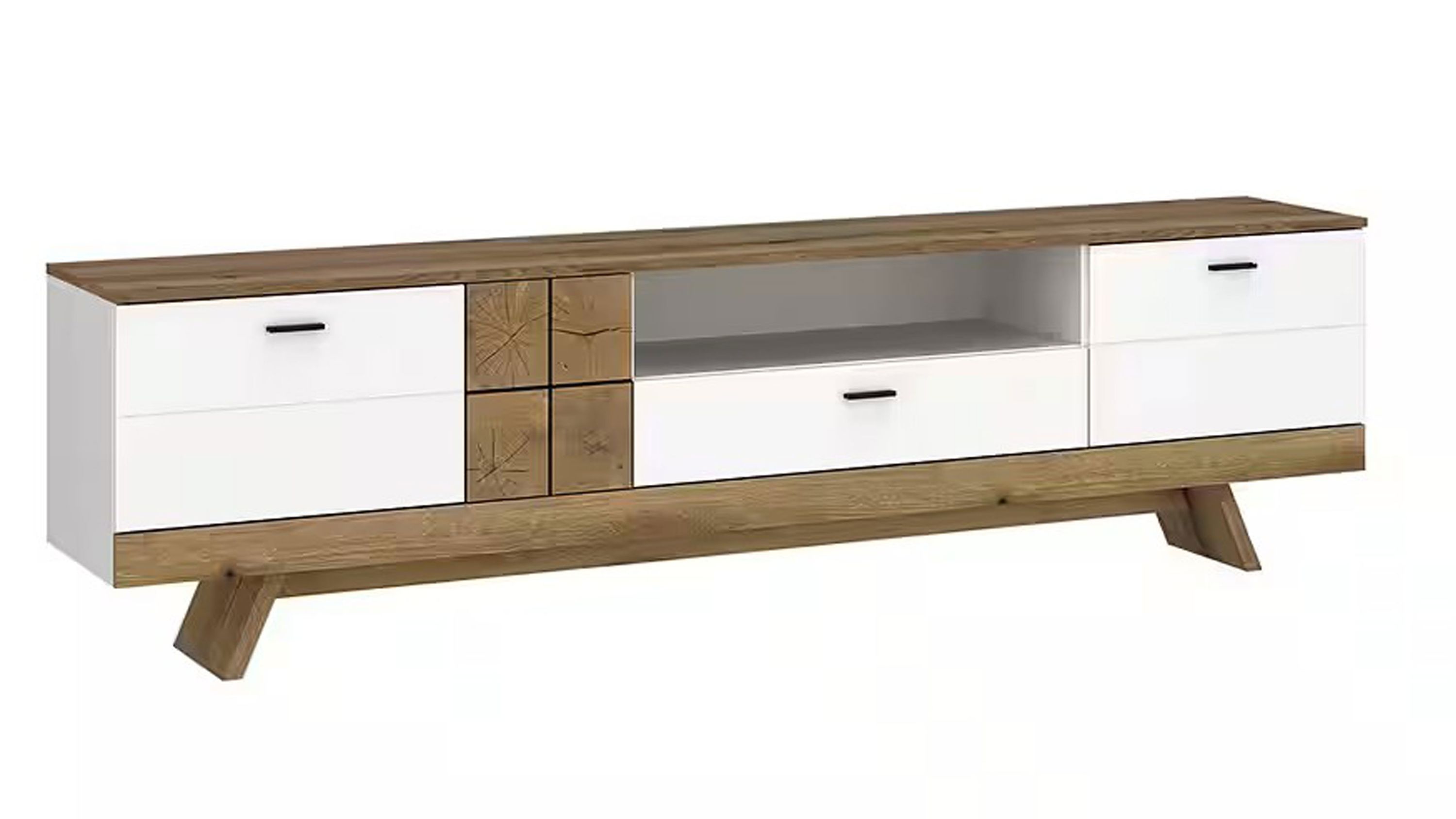 Lowboard mit vier weißen Schubladen zwei quadratischen Holzelementen und offener Ablage in Holzoptik