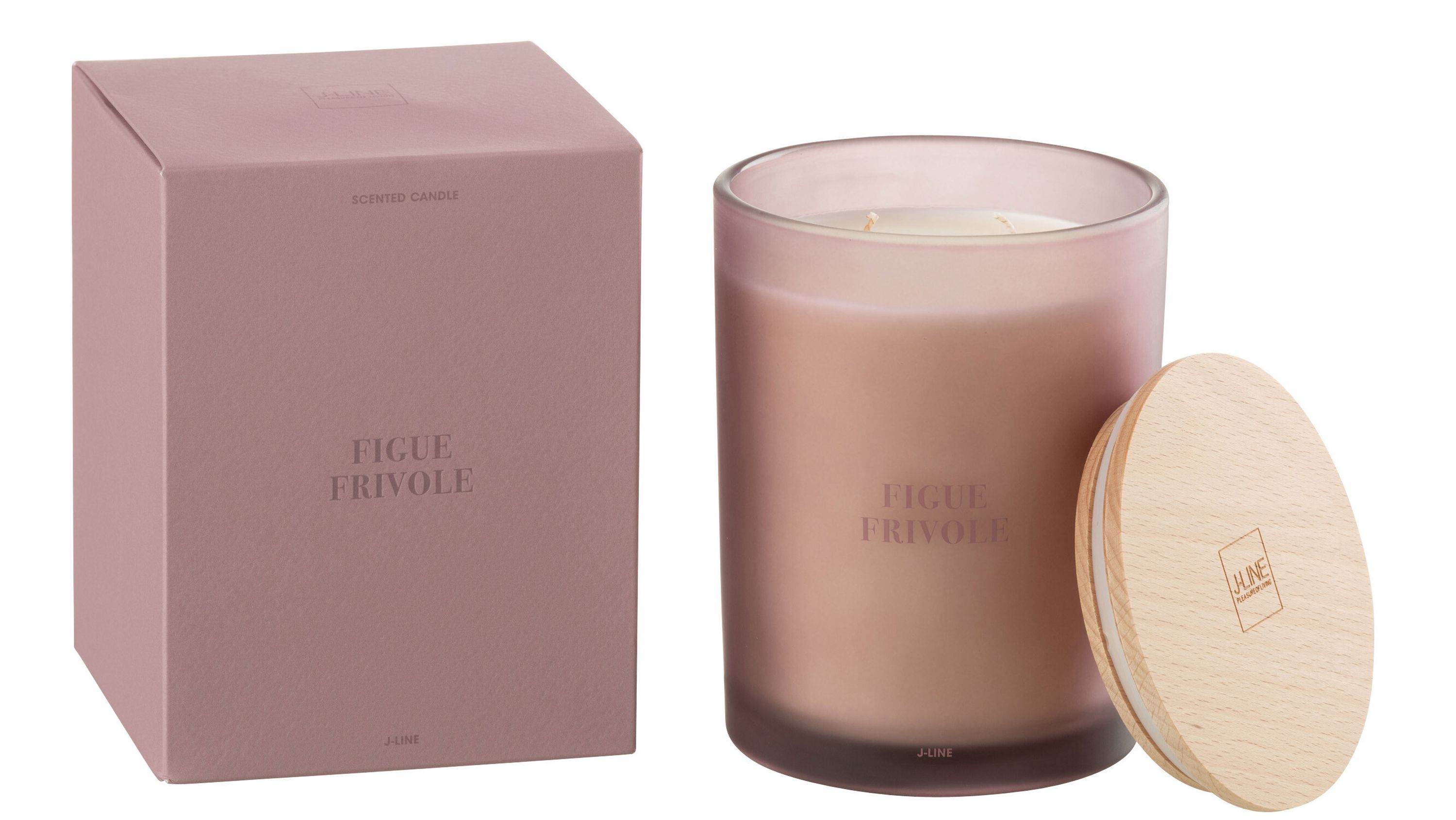 Runde Duftkerze in lila Glas mit Holzdeckel und passender lila Verpackung