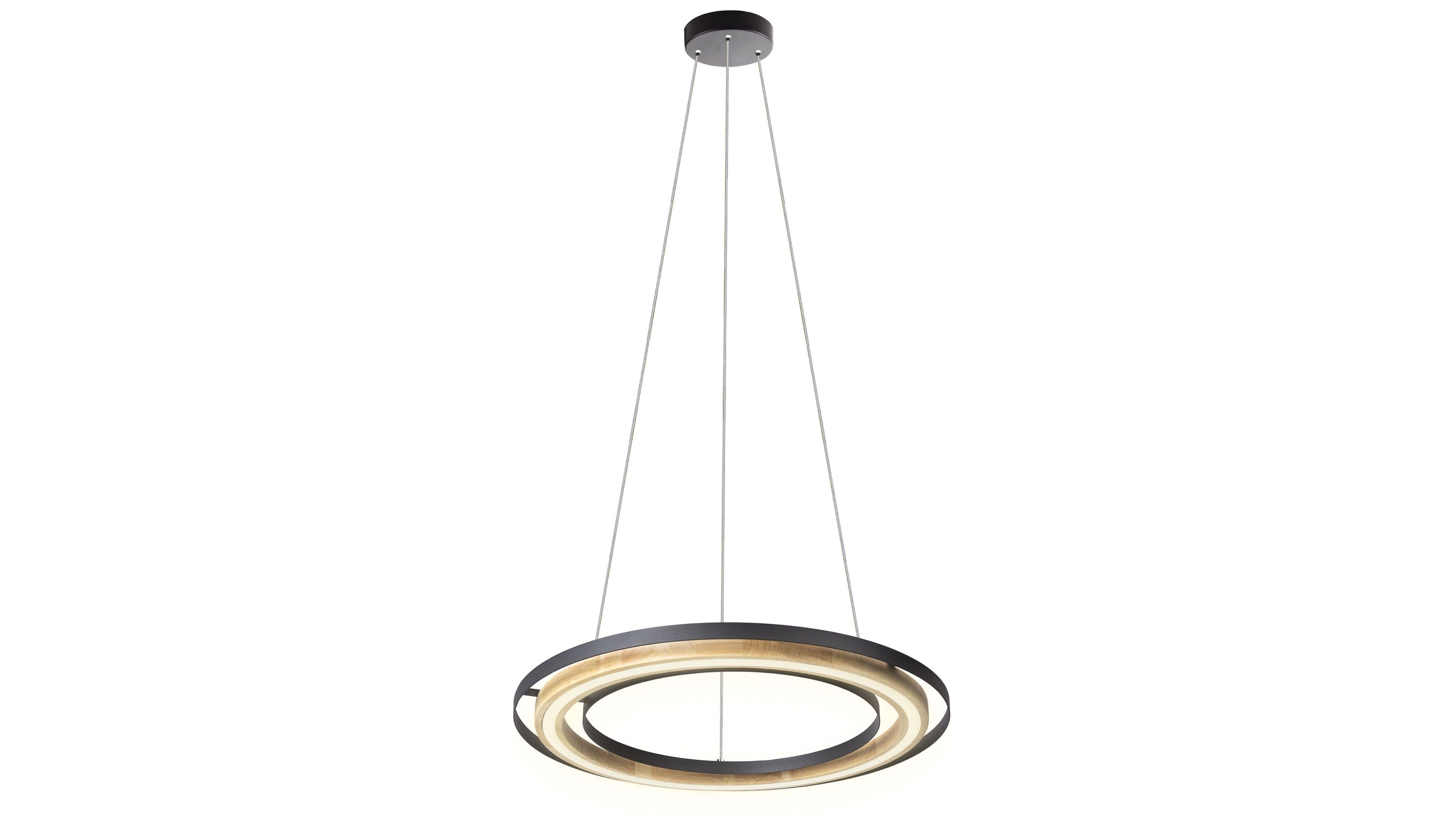 Runde Deckenlampe mit schwarzem Metallrahmen und innerem Ring aus hellem Bambusholz