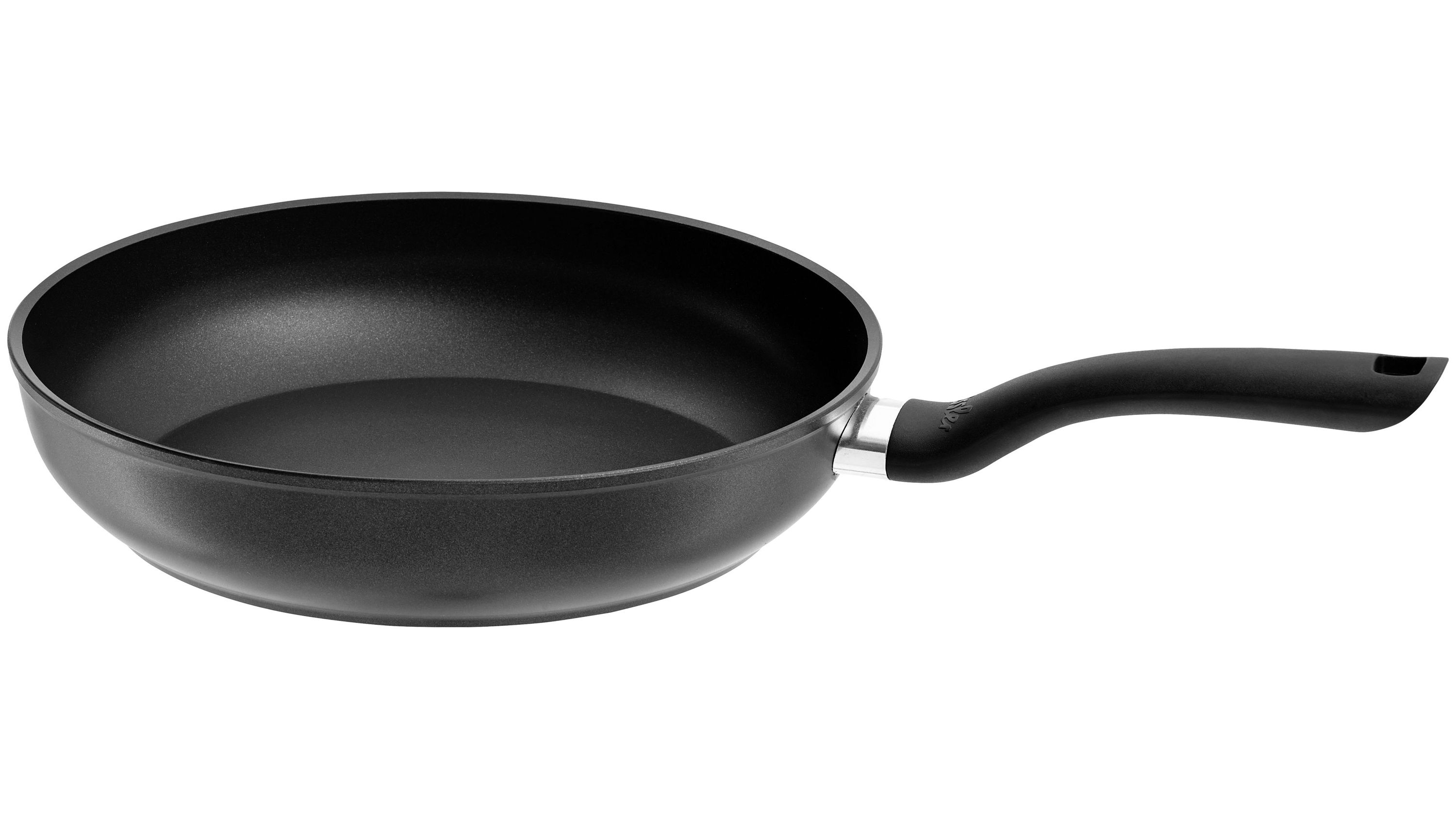 Runde schwarze Pfanne mit langem Griff und glatter Oberfläche