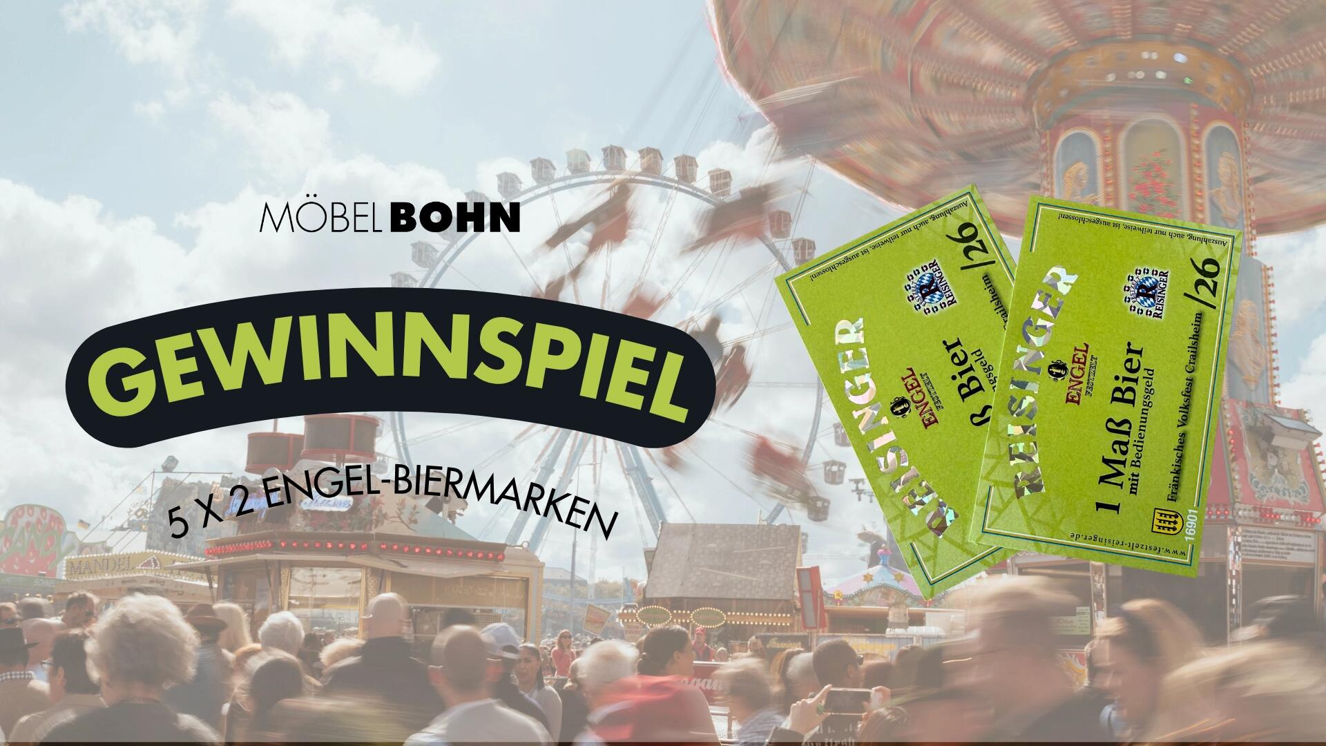 Gewinnspiel von Möbel Bohn: Verlosung von 5×2 Engel-Biermarken vor Kirmes- und Fahrgeschäftkulisse