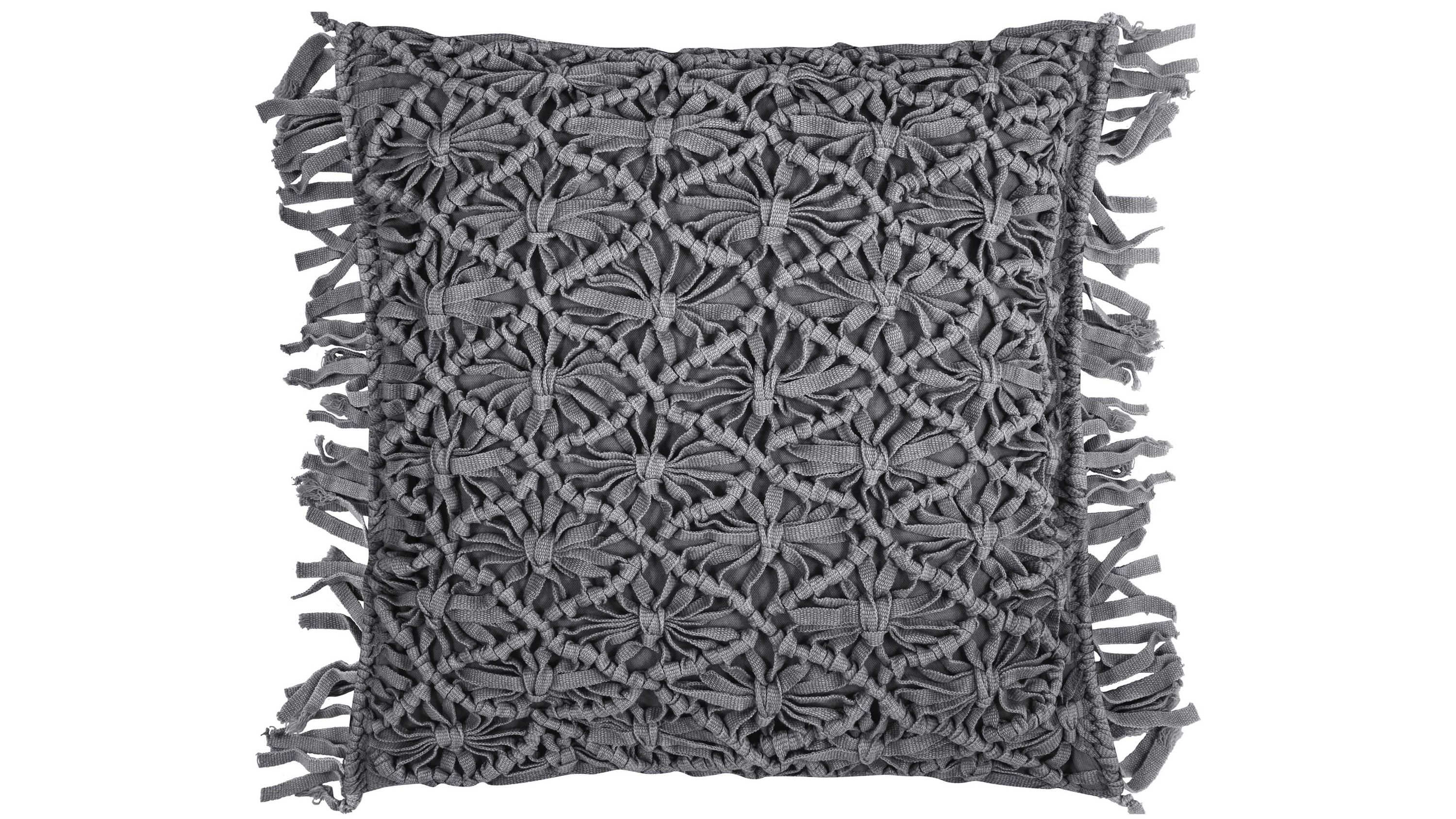 Kissenhülle mit Fransen und geknüpftem Muster in Anthrazit Quadratische Kissenhülle in anthrazit mit geknüpftem Muster und Fransen an den Seiten