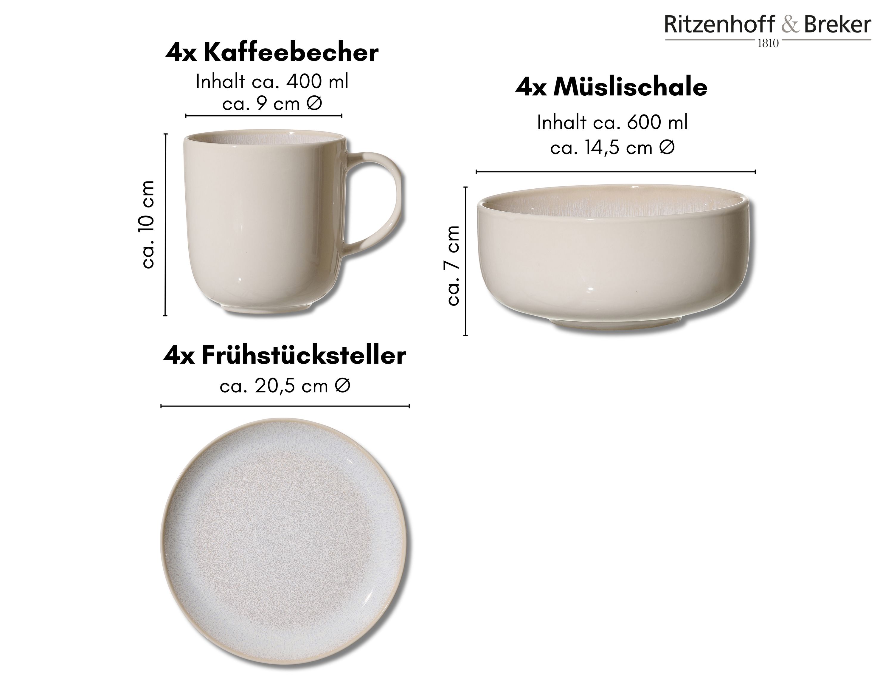 Beige Kaffeebecher mit Henkel Müslischale und Frühstücksteller aus Porzellan