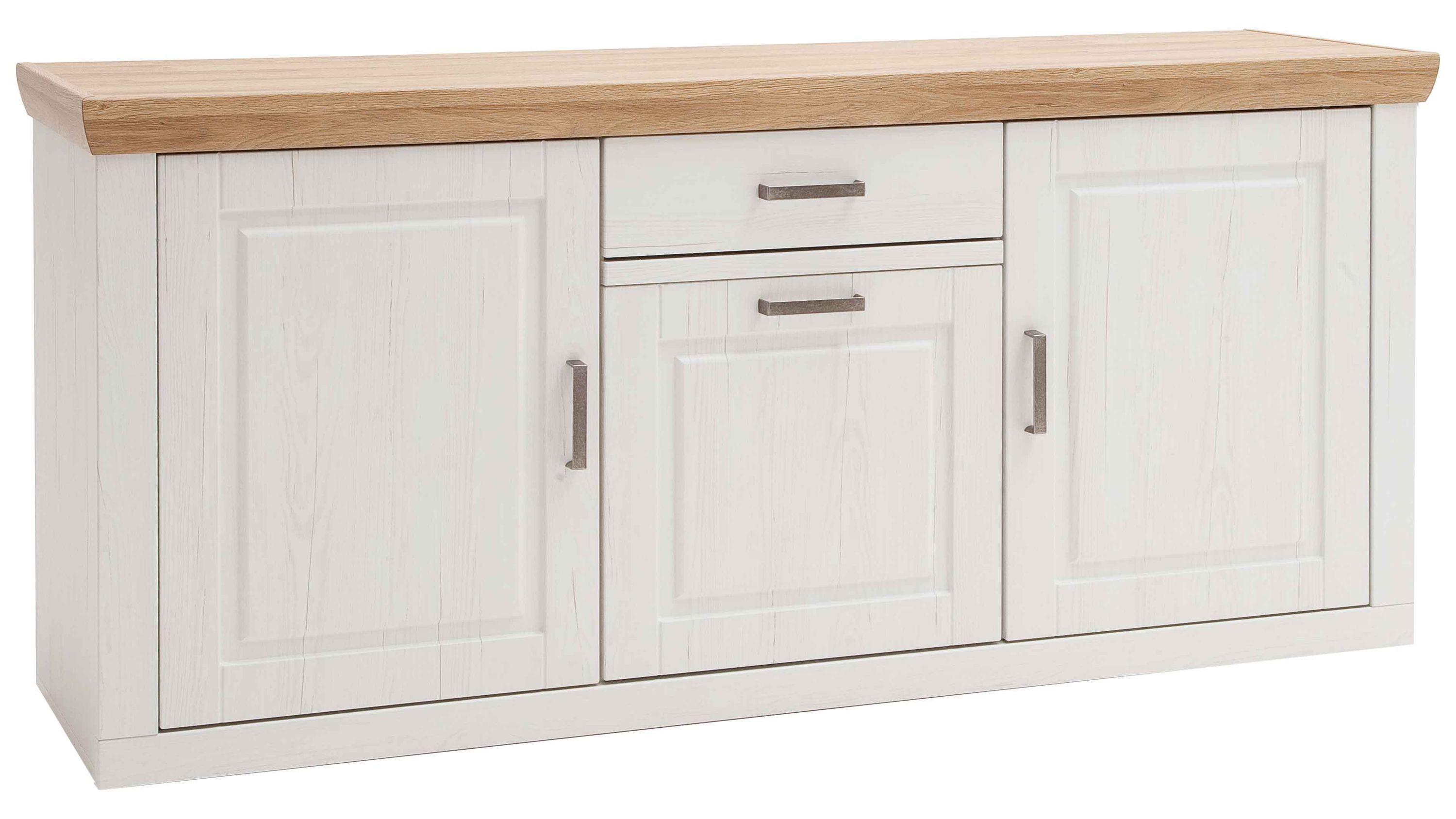 Sideboard mit drei weißen Türen und einer Schublade helle Holzplatte oben