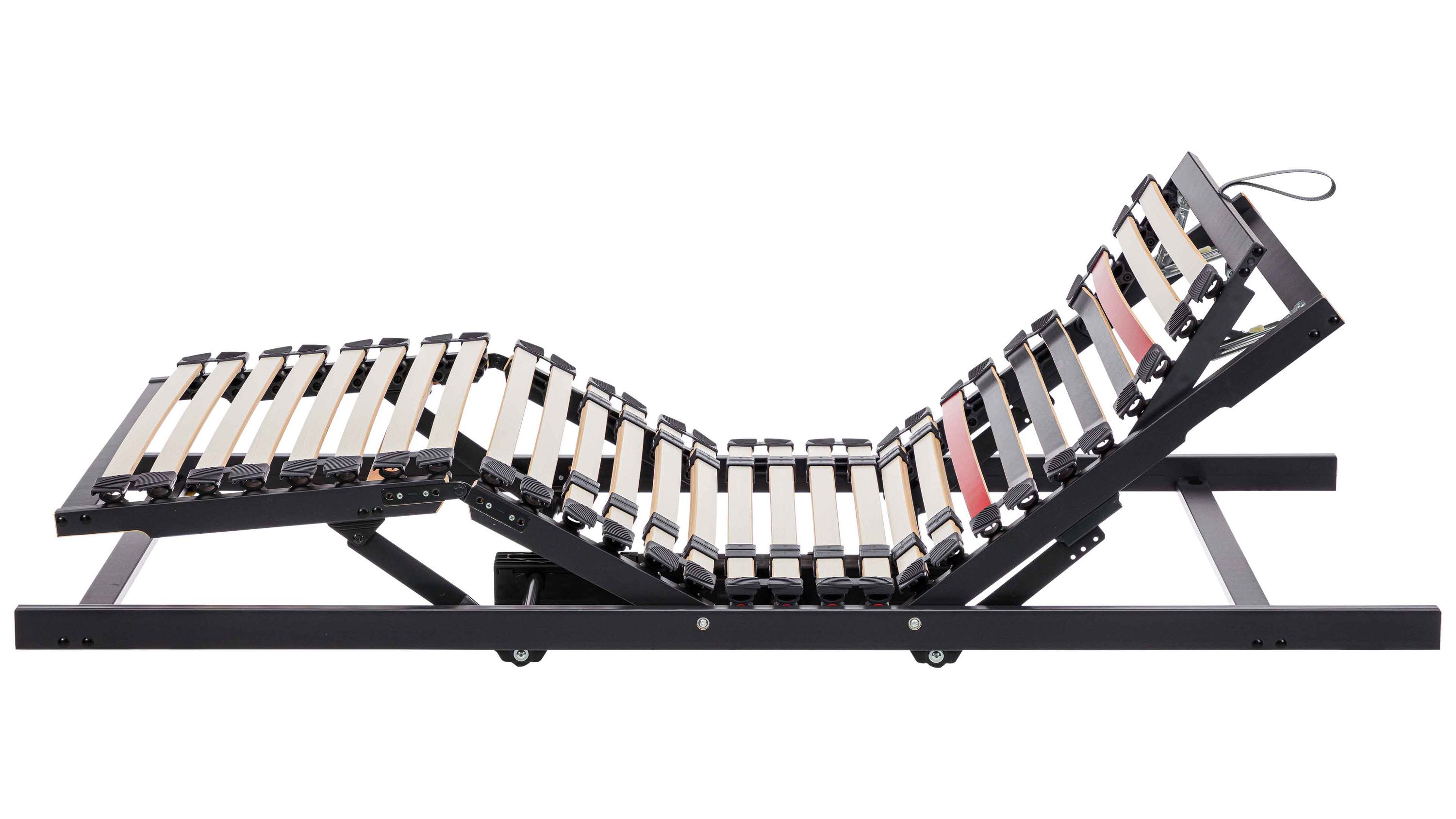 Verstellbarer Lattenrost mit Metallrahmen und Holzlatten Verstellbarer Lattenrost mit schwarzen Metallrahmen und hellen Holzlatten