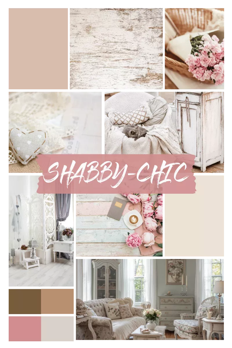Collage im Shabby-Chic-Stil mit verspielten Blumen, hellen Pastelltönen, Vintage-Möbeln, Spitzenstoffen, weißen Holzelementen und romantischer Wohnatmosphäre