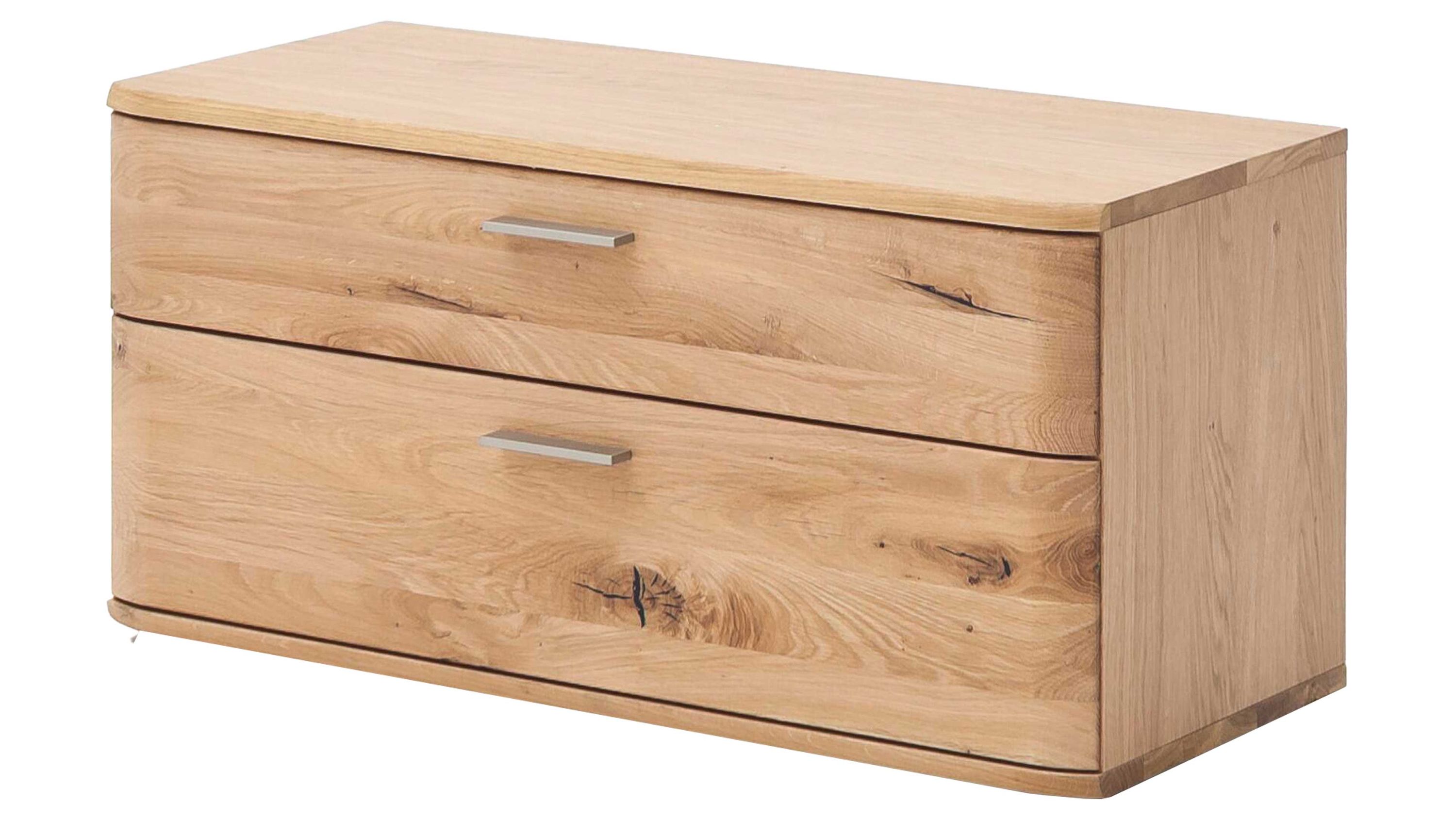 Garderobenbank mit zwei Schubladen in heller Balkeneiche Garderobenbank mit zwei Schubladen in heller Balkeneiche mit Metallgriffen