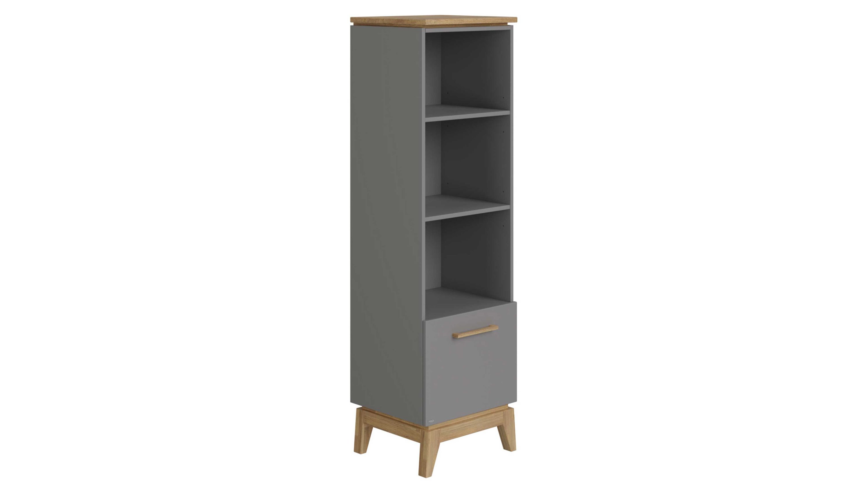 Standregal mit drei Fächern und Schublade in Grau und Holzoptik Hohes Standregal mit drei offenen Fächern und einer Schublade in grauer Farbe mit Holzfuß