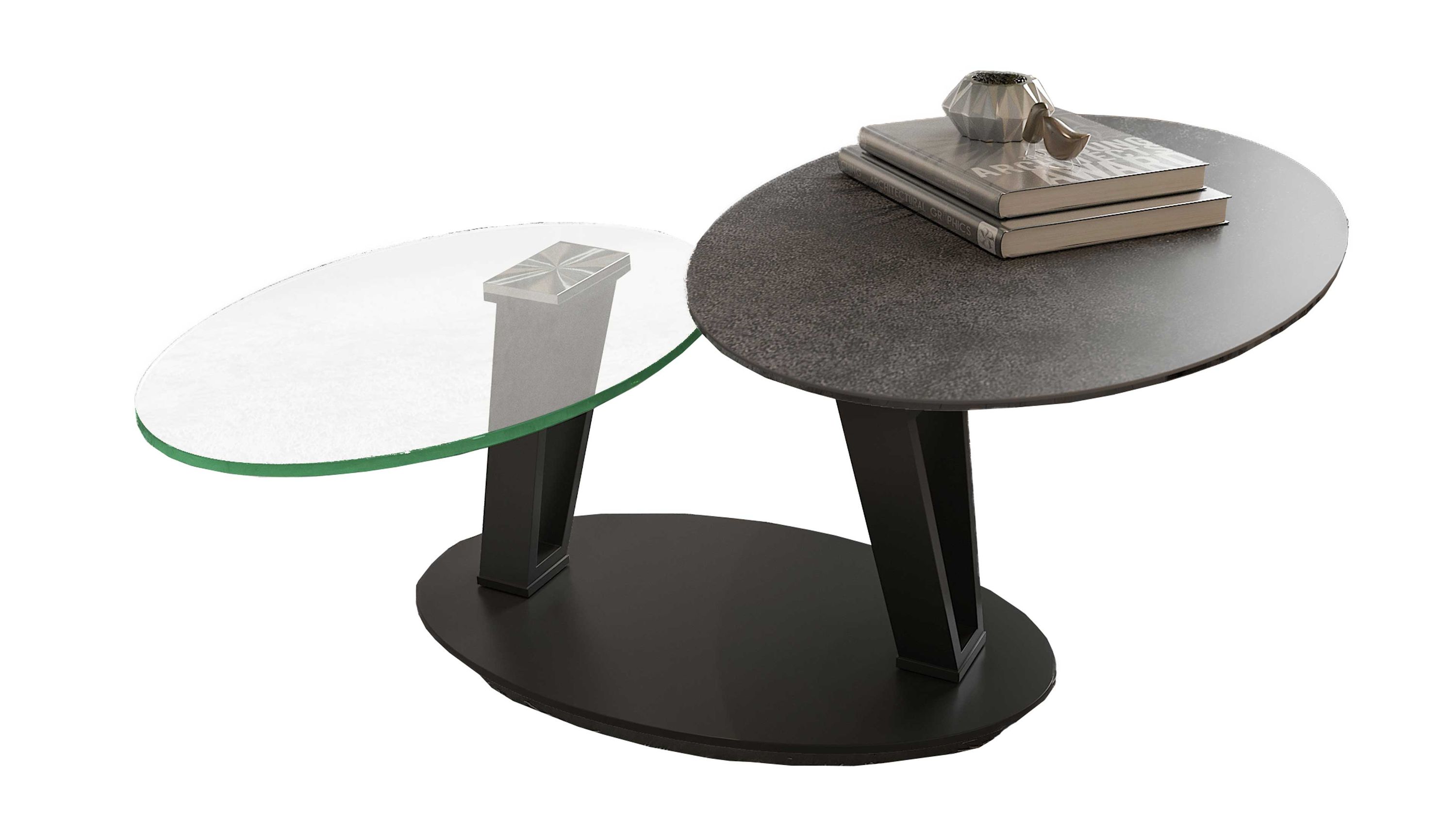 Ovaler Couchtisch mit zwei Tischplatten eine titanfarbig und eine transparent schwarzes Gestell