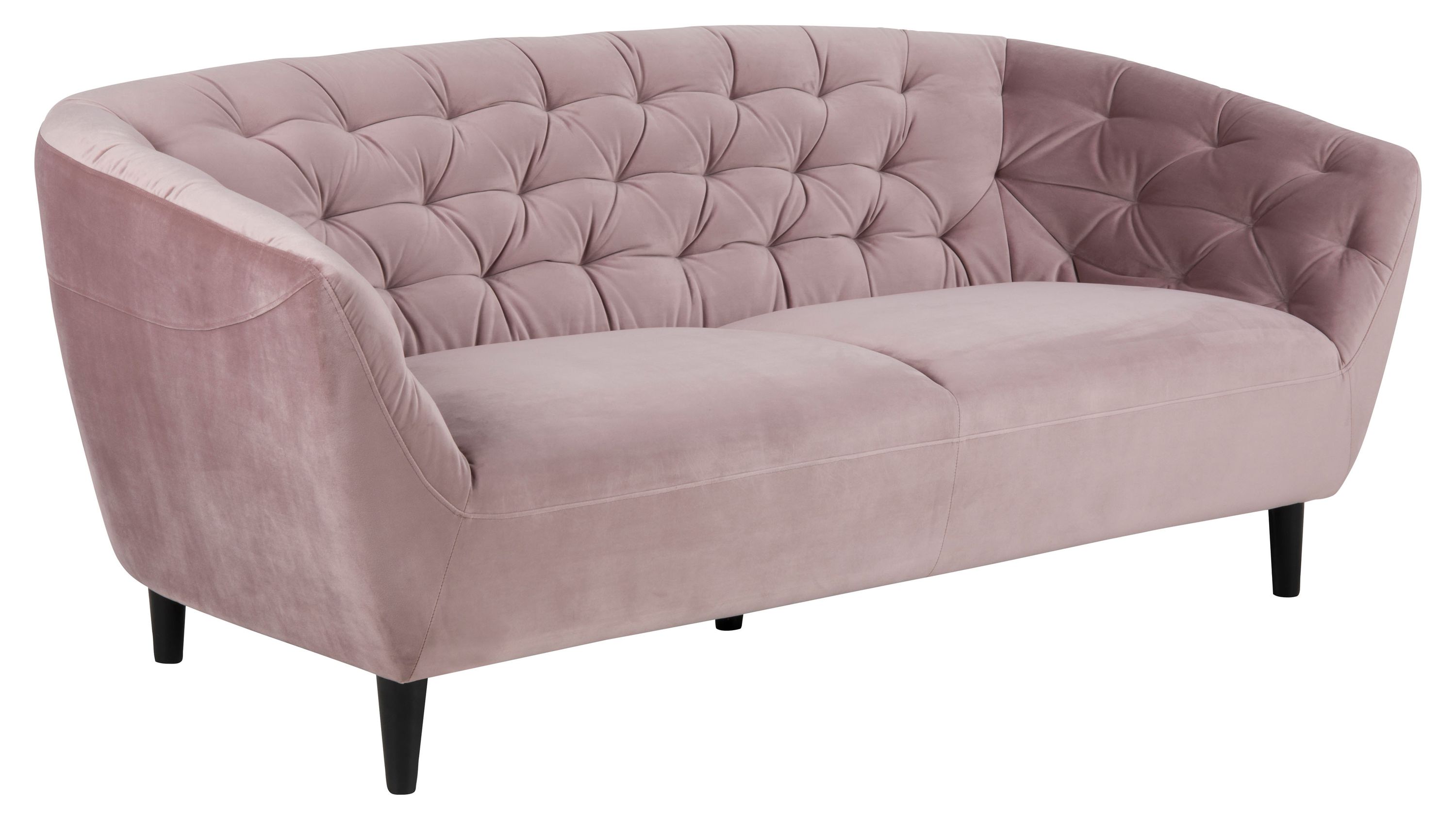 Dreisitzer-Sofa mit abgerundeten Armlehnen pastellrosa Polster und schwarzen Holzfüßen