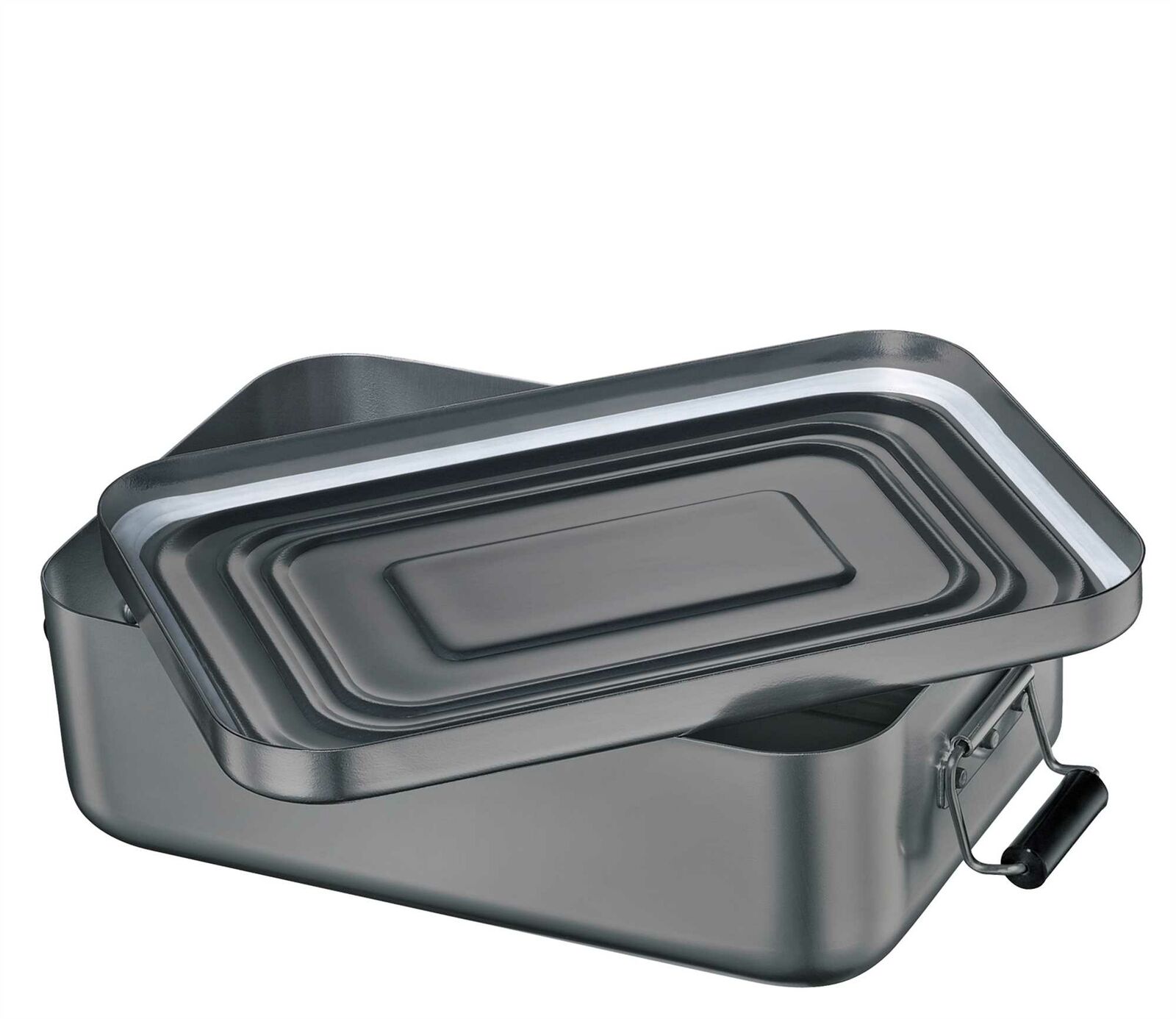 Rechteckige anthrazitfarbene Lunchbox mit leicht geöffnetem Deckel seitlicher Clipverschluss schräg  weißer Hintergrund