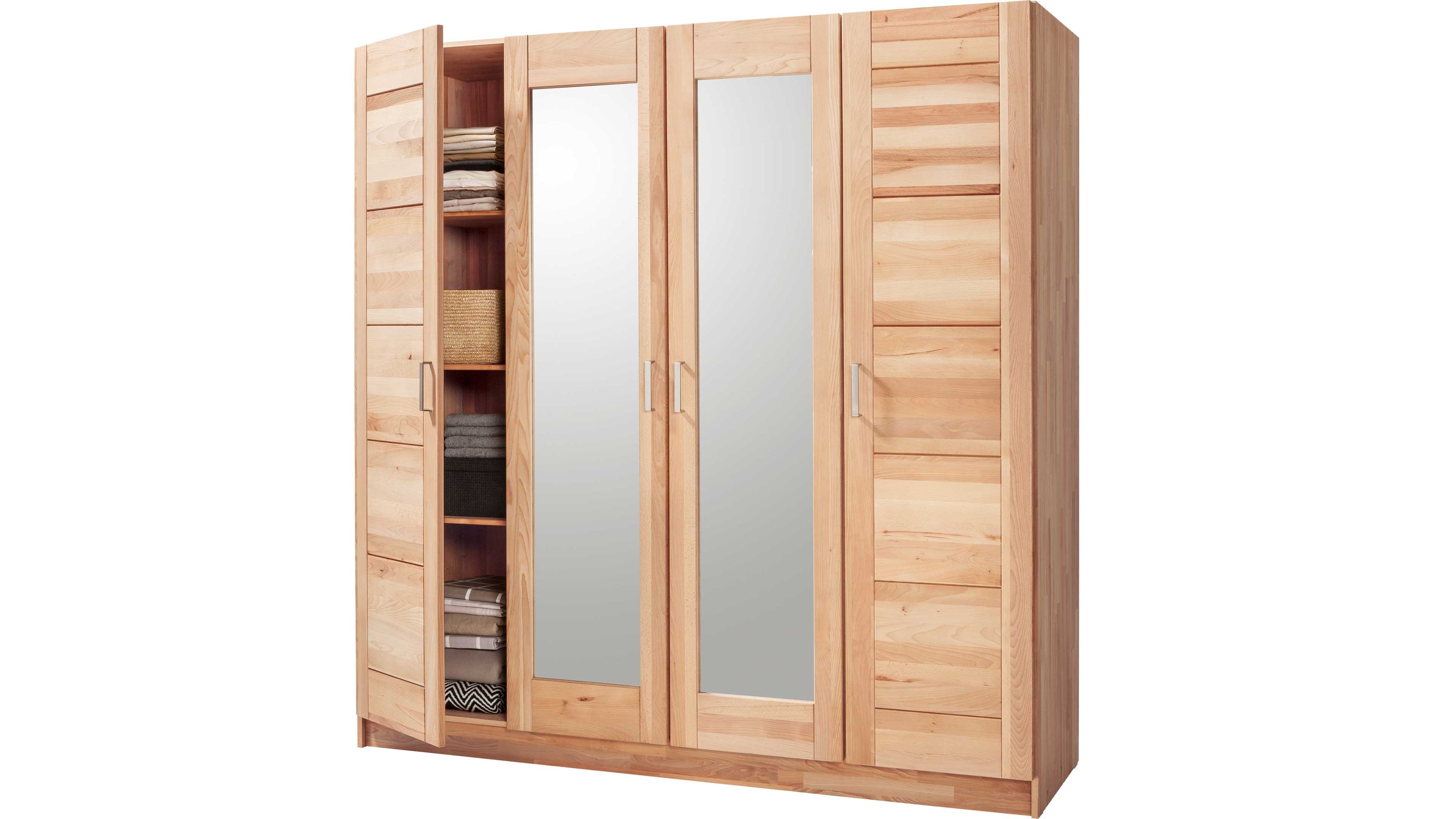 Kleiderschrank aus hellem Holz mit vier Türen zwei mittlere Türen mit Spiegeln linke Tür geöffnet mit Regalfächern