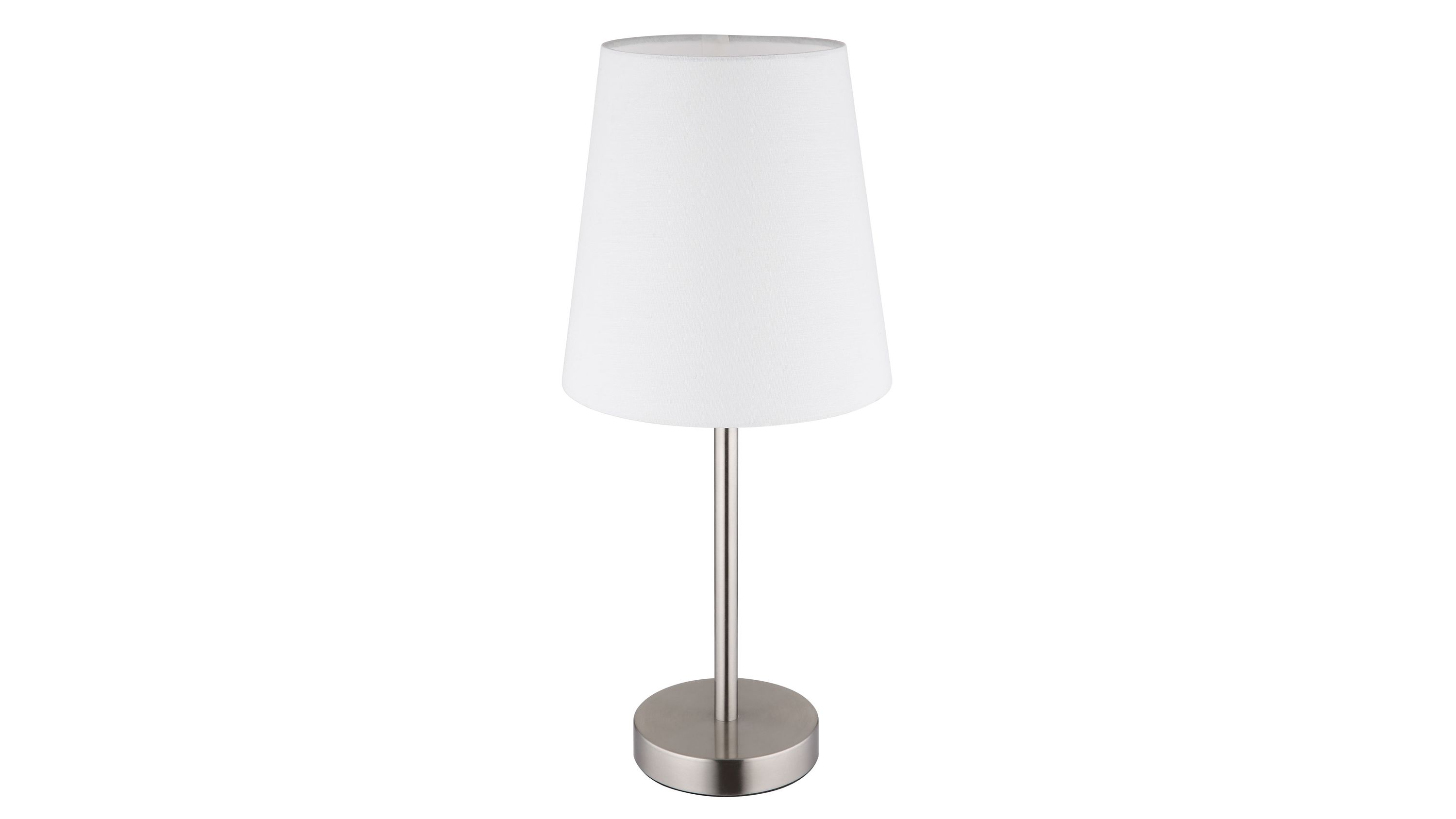 Tischlampe mit weißem Lampenschirm und Metallfuß Tischlampe mit rundem Sockel aus Metall und weißem konischem Lampenschirm