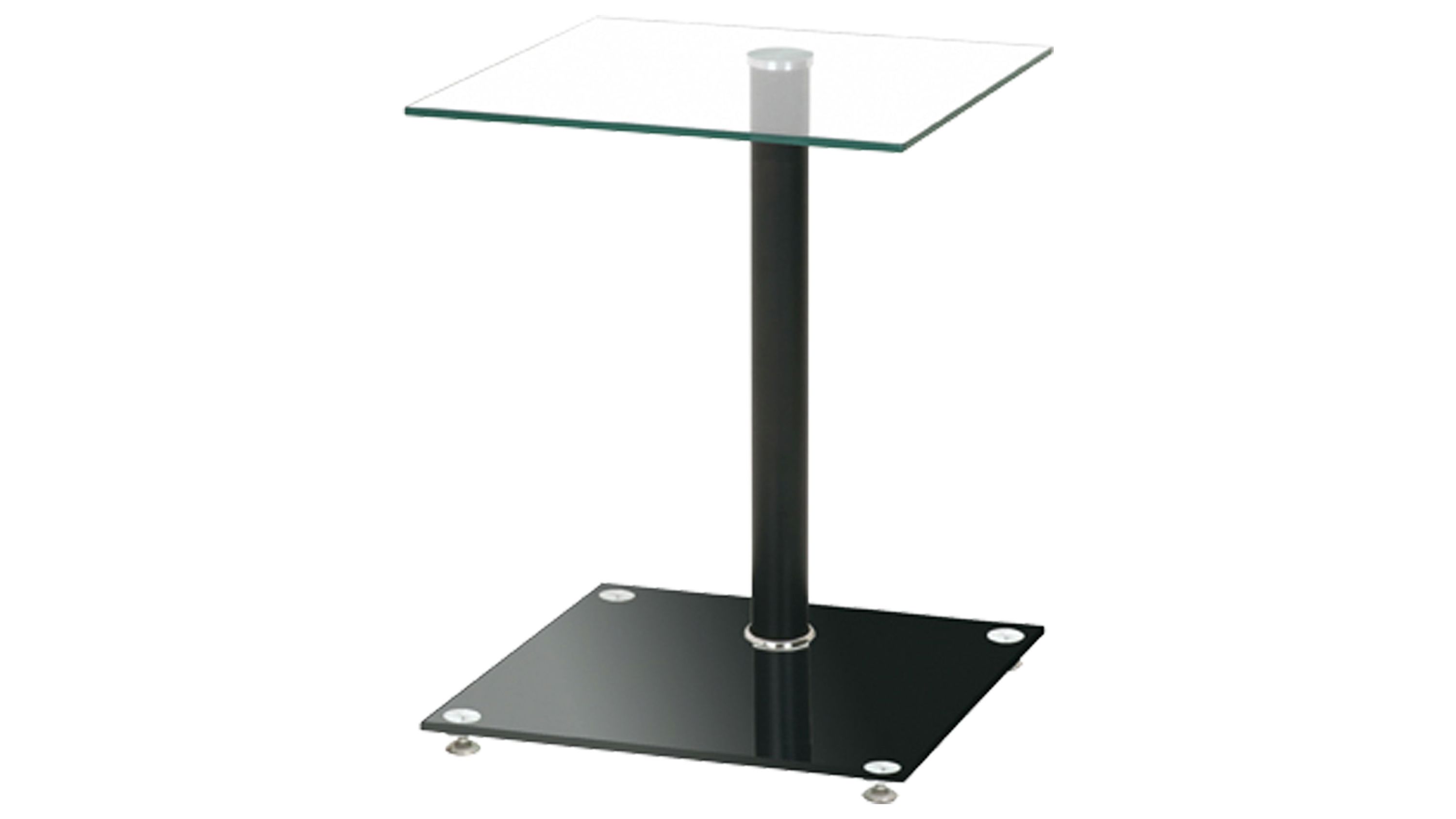 Quadratischer Beistelltisch mit schwarzer Basis schwarzem Mittelrohr und quadratischer Glasplatte