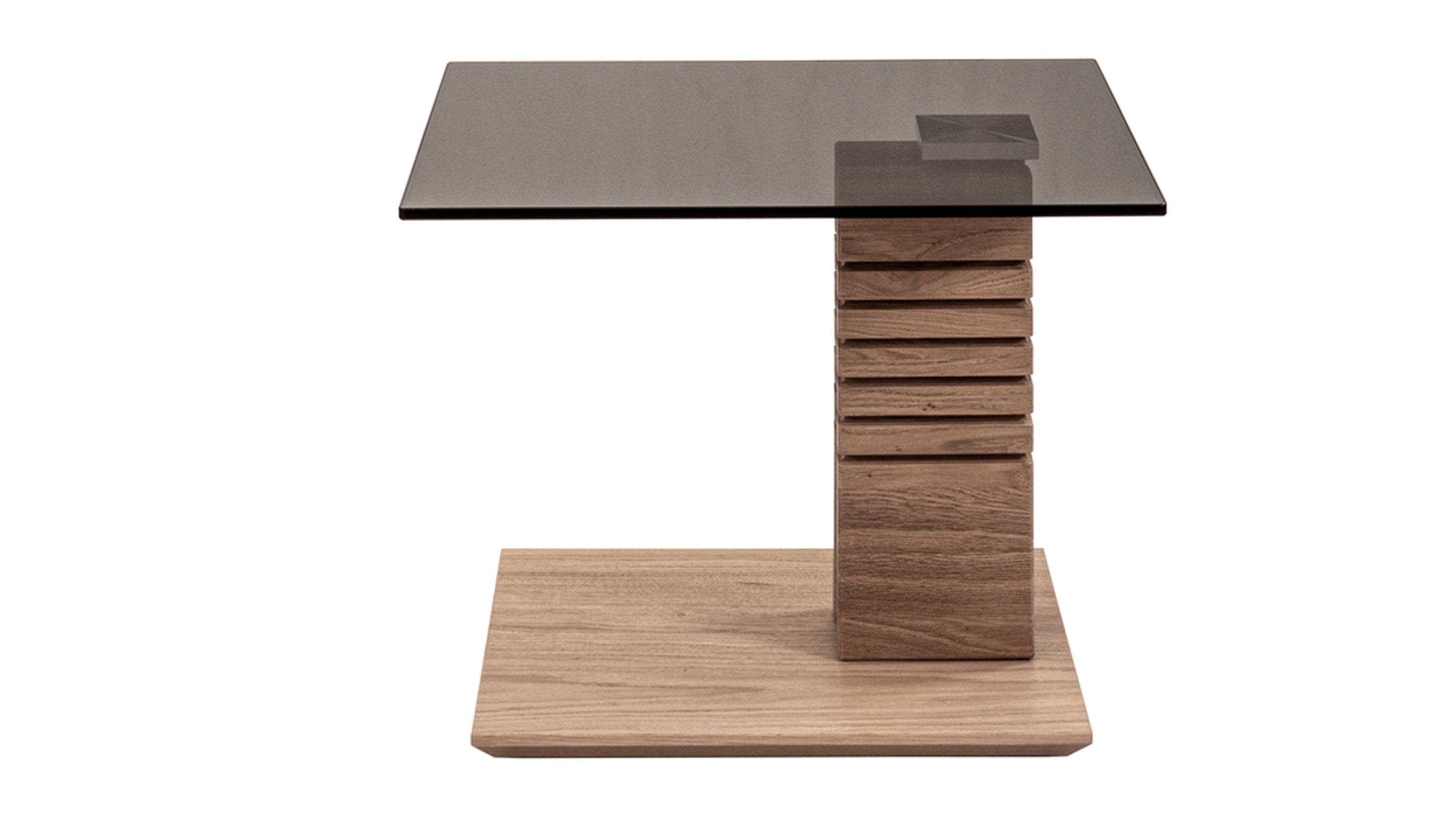 Quadratischer Couchtisch mit grauer Glasplatte und Holzfuß mit gestapeltem Design in heller Farbe