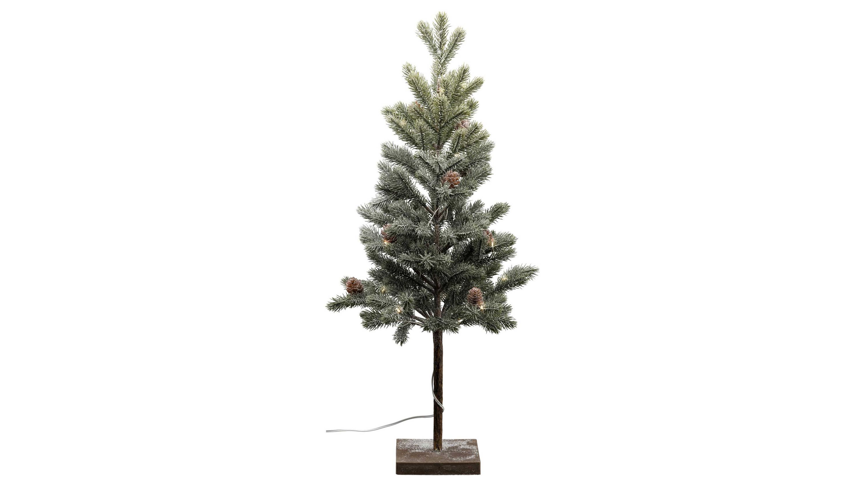 Künstlicher grüner Tannenbaum mit Zapfen auf quadratischem Sockel mit LED-Beleuchtung