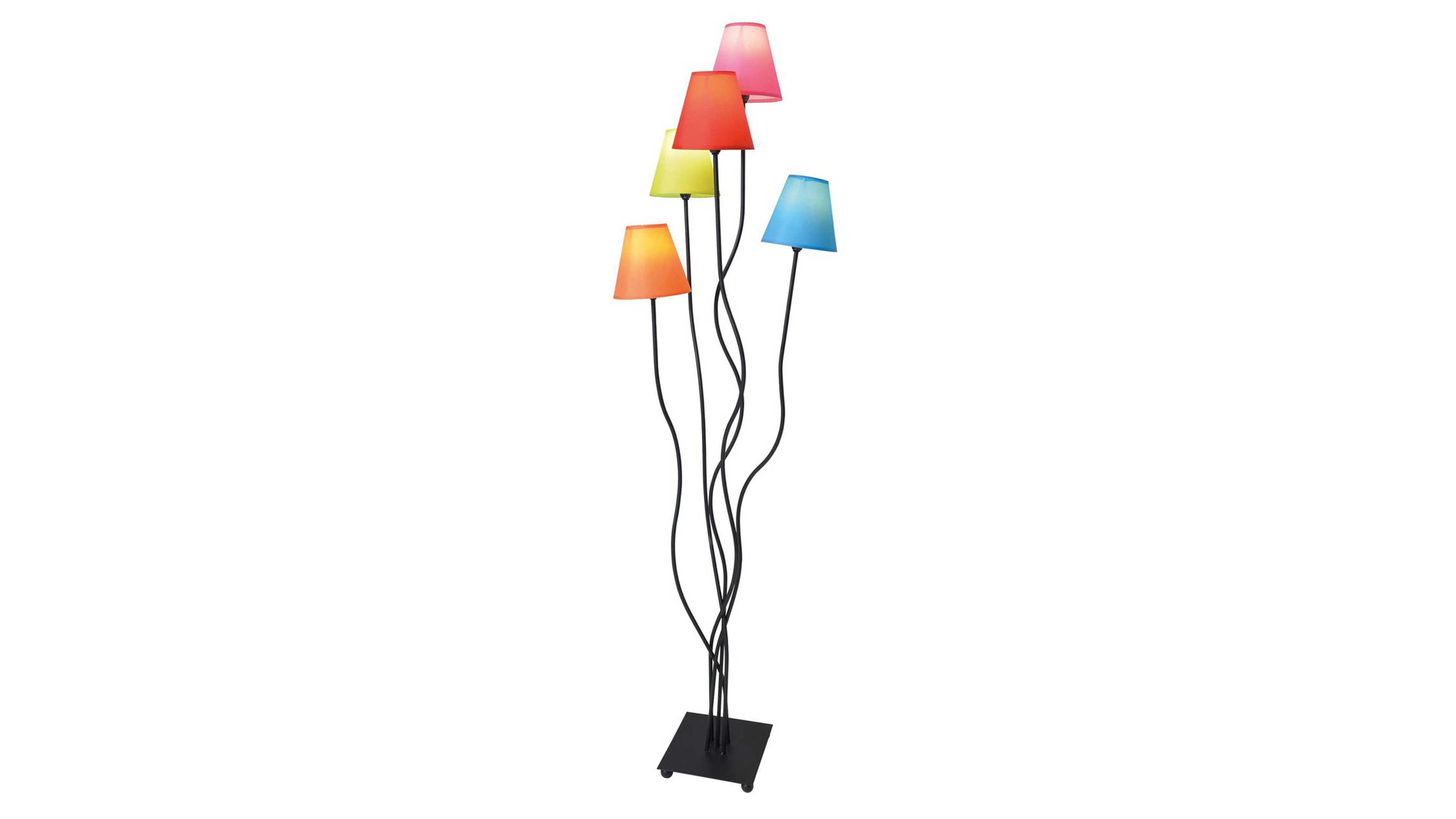 Stehlampe mit fünf bunten Lampenschirmen in rot gelb orange blau und pink auf schwarzen geschwungenen Stangen