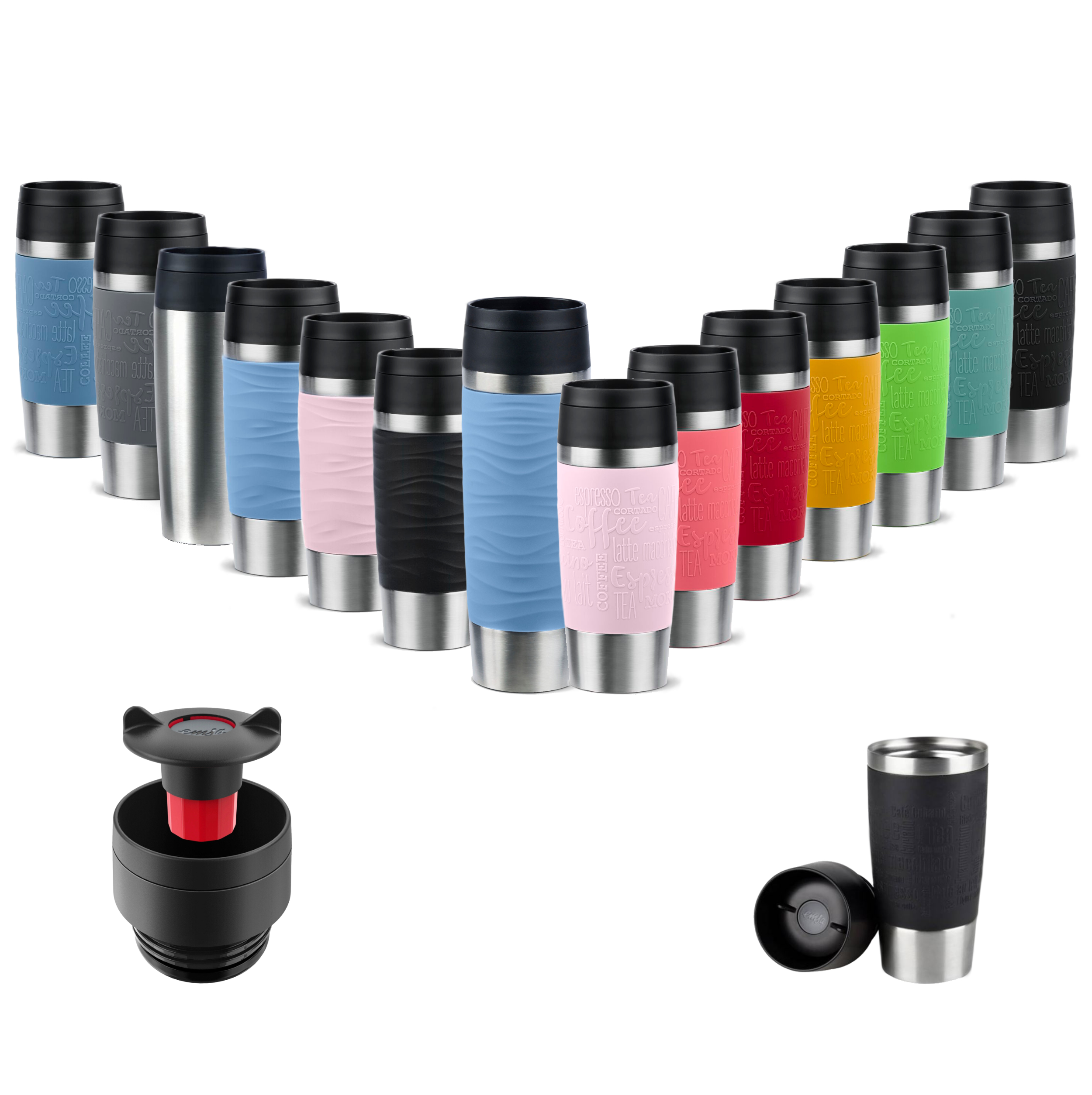 Bunte Emsa Travel Mugs – große Farbauswahl mit Detailansichten von Deckel und Becher Mehrere bunte Emsa Travel Mugs in V-Form aufgereiht, Detailaufnahmen von Verschluss und geöffnetem Becher unten