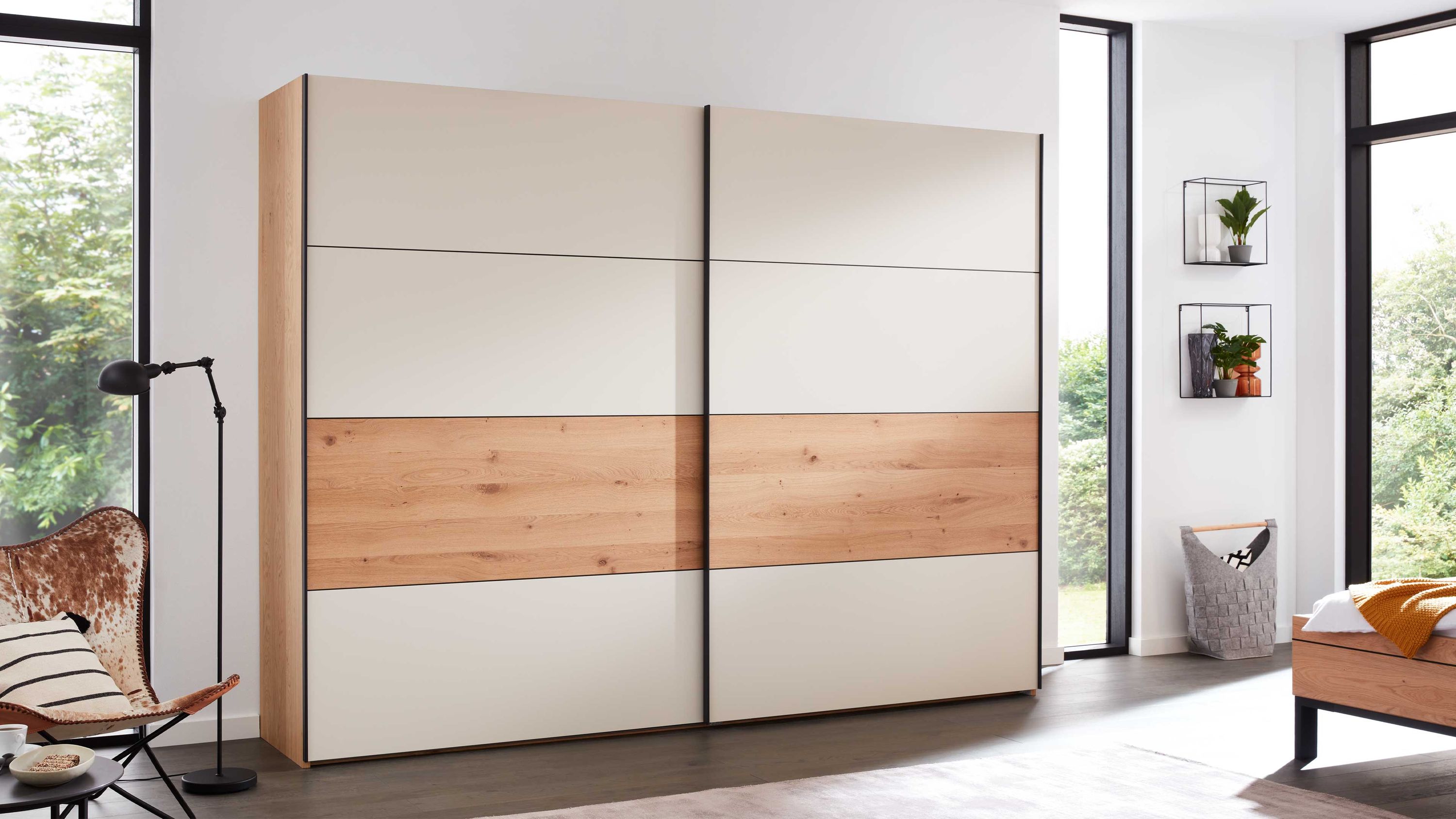 Schwebetürenschrank mit zwei Türen in beige und holzfarben rechteckig moderner Stil