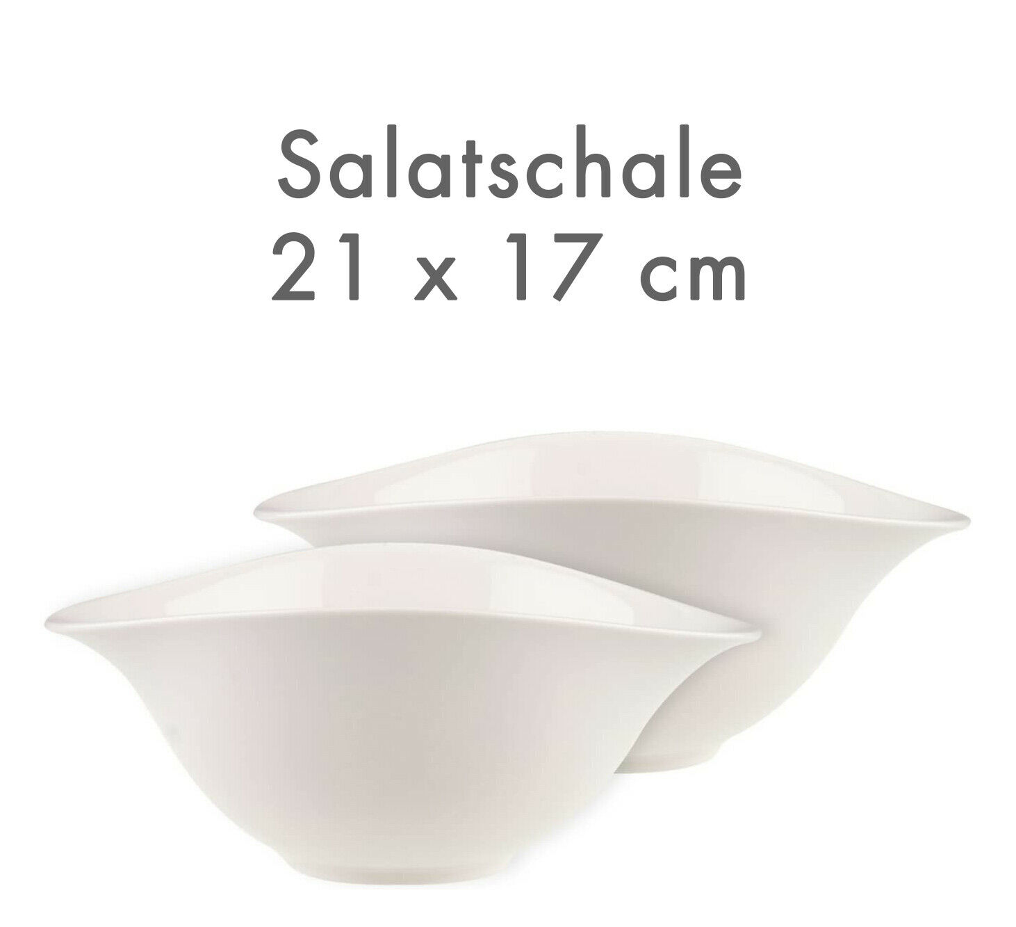 Zwei weiße ovale Porzellanschalen mit der Aufschrift Salatschale 21 x 17 cm  nebeneinander dargestellt