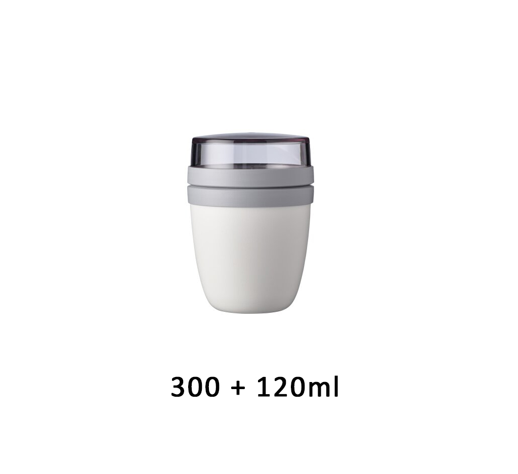Weißer Behälter mit grauem Deckel, von schräg oben fotografiert, Beschriftung „300 + 120ml“ darunter.