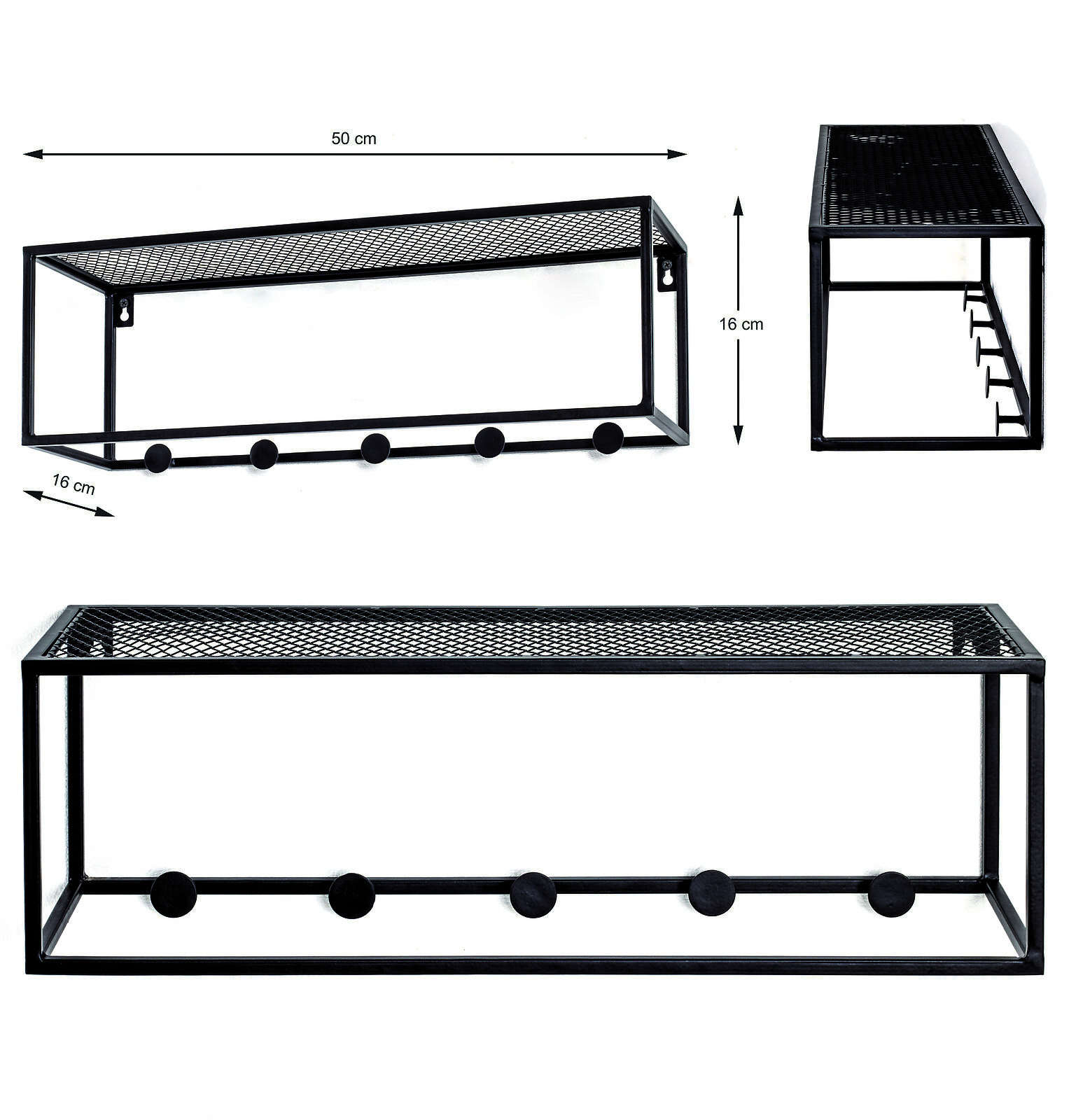 Schwarze Metall-Wandgarderobe Haku Leicester mit fünf Haken und Ablagefläche  rechteckig  15?×?50?cm