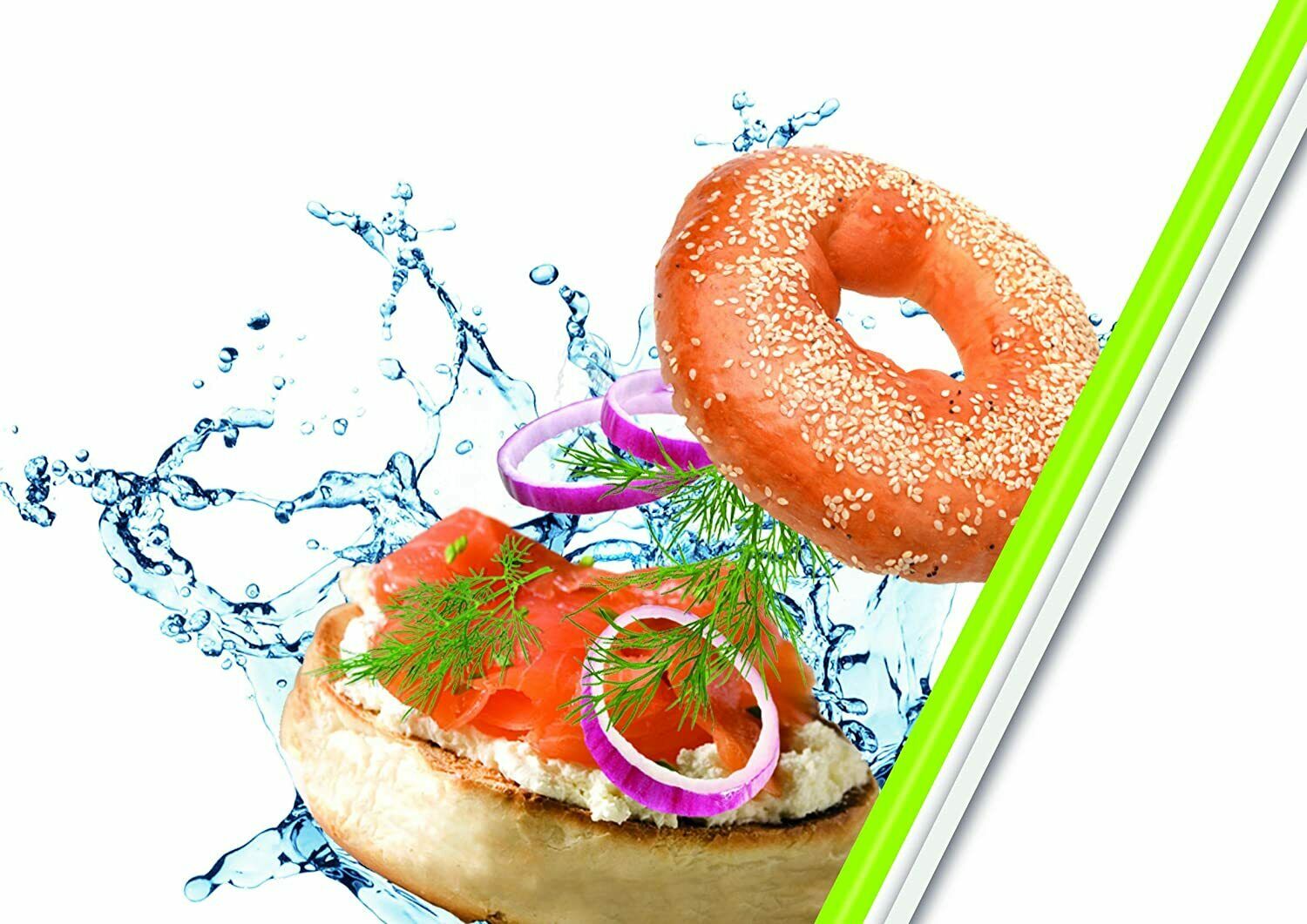 Frische Zutaten wie Lachs  Salat  Tomate und Wasser mit grünem Haken  Symbol für Frische und Dichtheit der Brunchbox