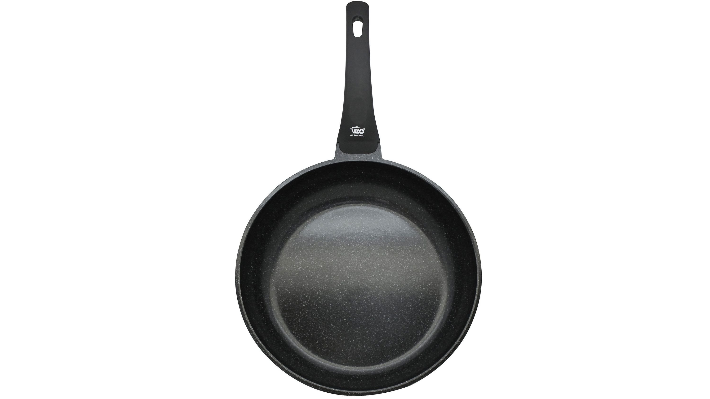 Runde schwarze Schmorpfanne mit langem Griff und glatter Oberfläche