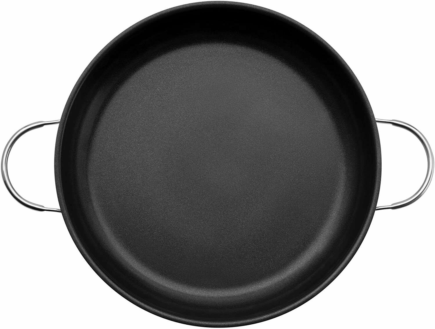 runde pfanne mit metallgriffen obenansicht schwarz Obenansicht einer runden schwarzen Pfanne mit zwei seitlichen Griffen flacher Boden gleichmäßige Oberfläche