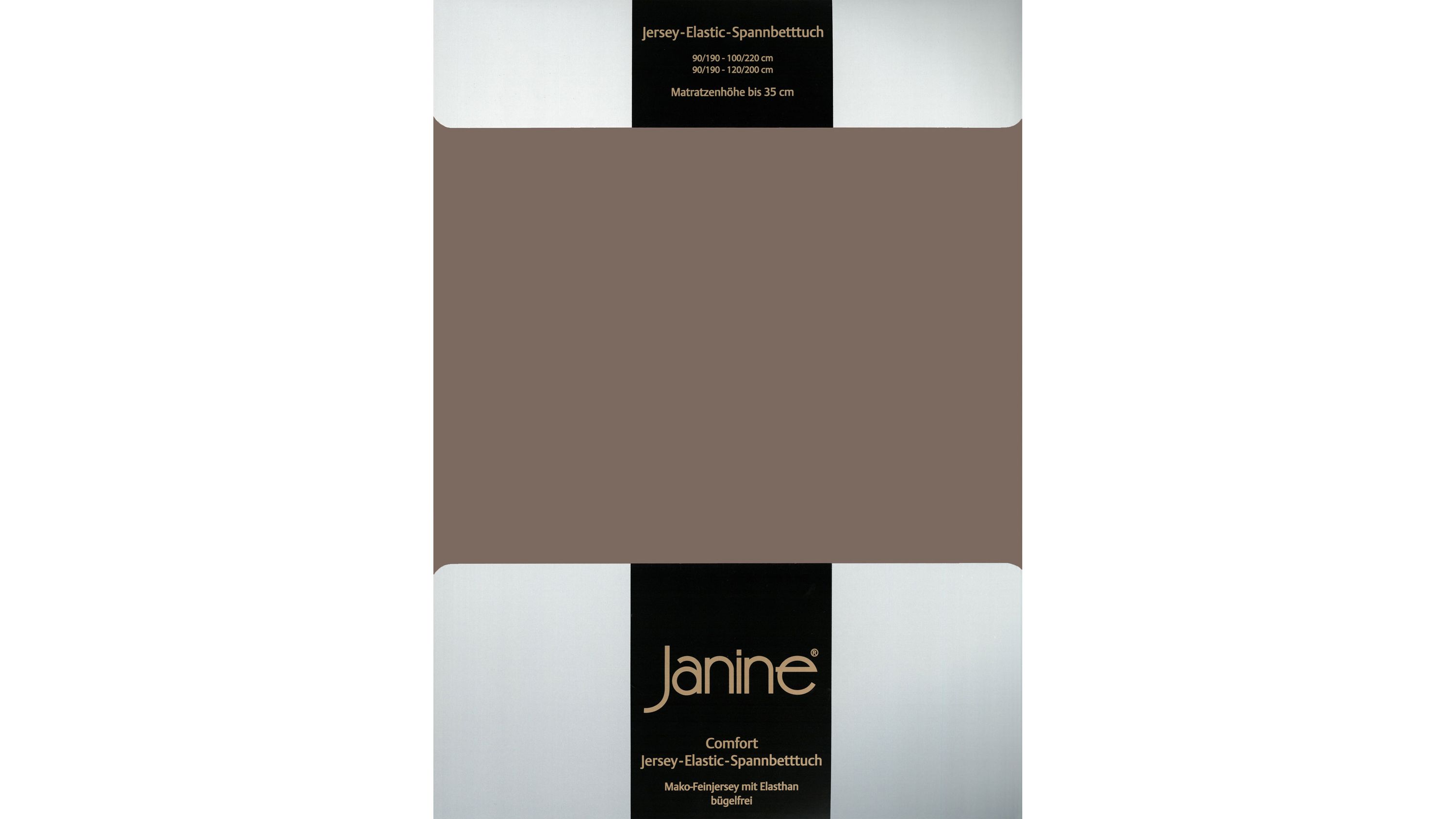Spannbettlaken in braun mit elastischem Jersey-Material und Verpackung mit Markenlogo