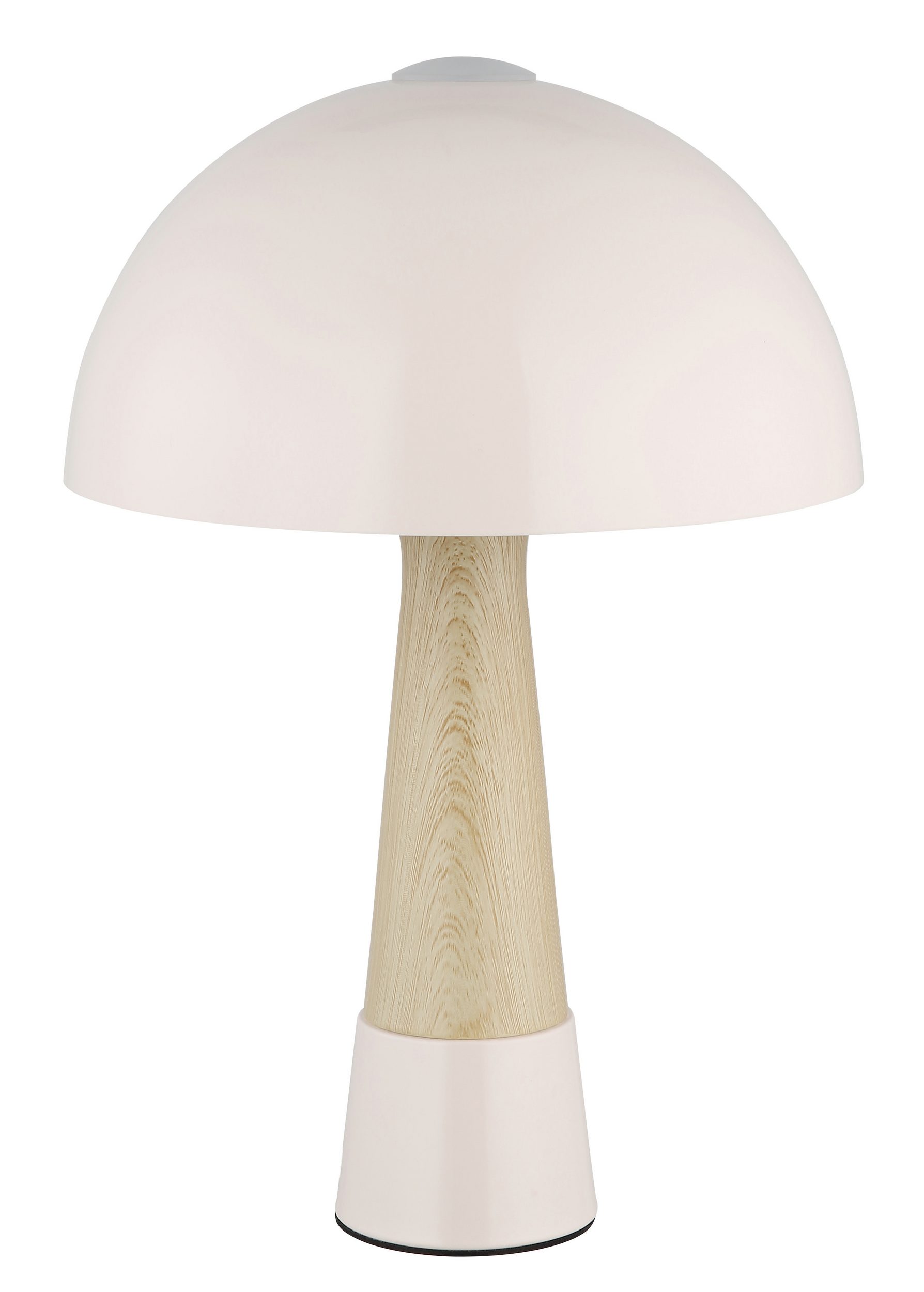 Globo Tischleuchte Paulin Pilzlampe in Holzoptik mit beigem Metallschirm Tischleuchte im Retro-Stil mit kuppelförmigem beigem Metallschirm und passendem Fuß in Holzoptik aufgenommen frontal