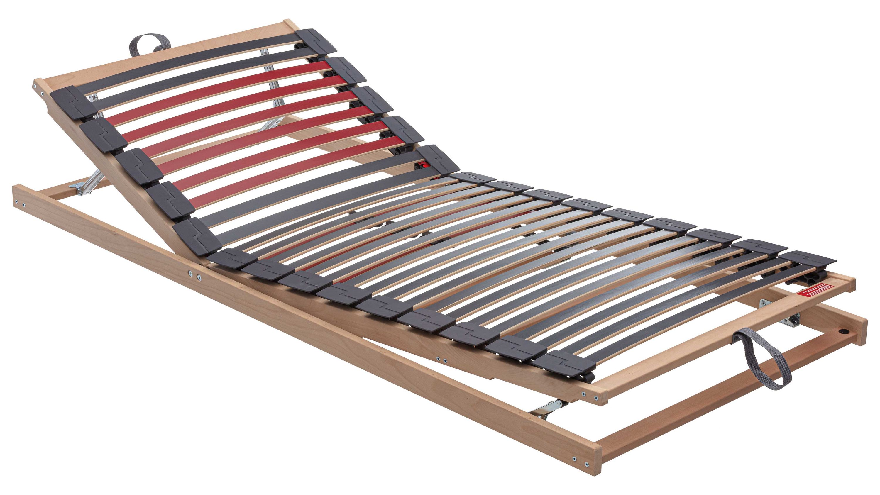 Verstellbarer Lattenrost mit Hebehilfe aus Holzlatten Lattenrost mit verstellbarem Kopfteil und Hebehilfe aus Holzlatten und schwarzem Kunststoff